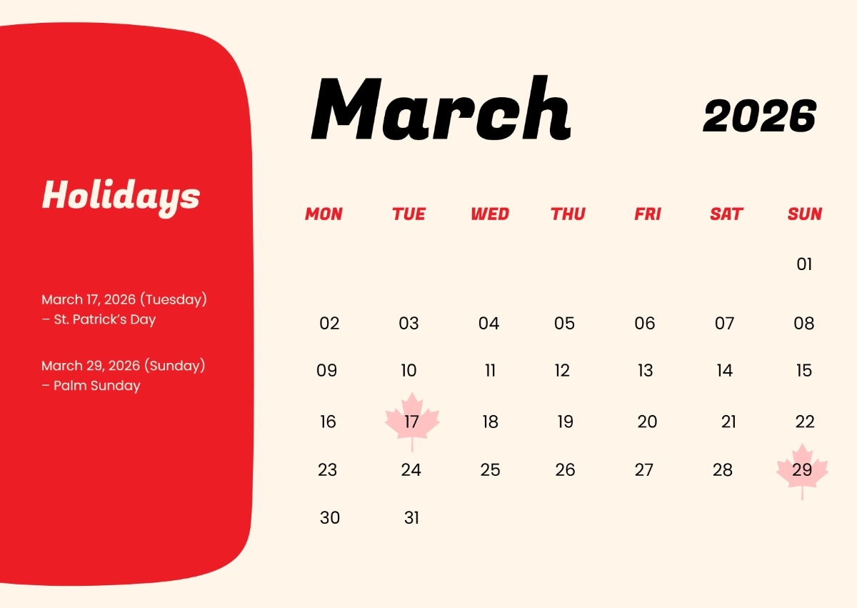 Free March 2026 Canada Holidays Calendar Template To Edit Online throughout March Calendar 2026 Canada