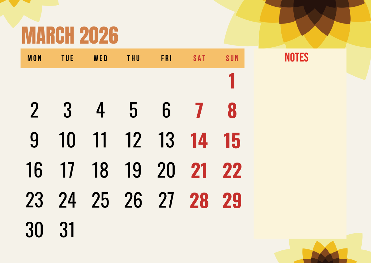 Free March 2026 Monday-Start Calendar Template To Edit Online for Printable Calendar March 2026 Starting Monday