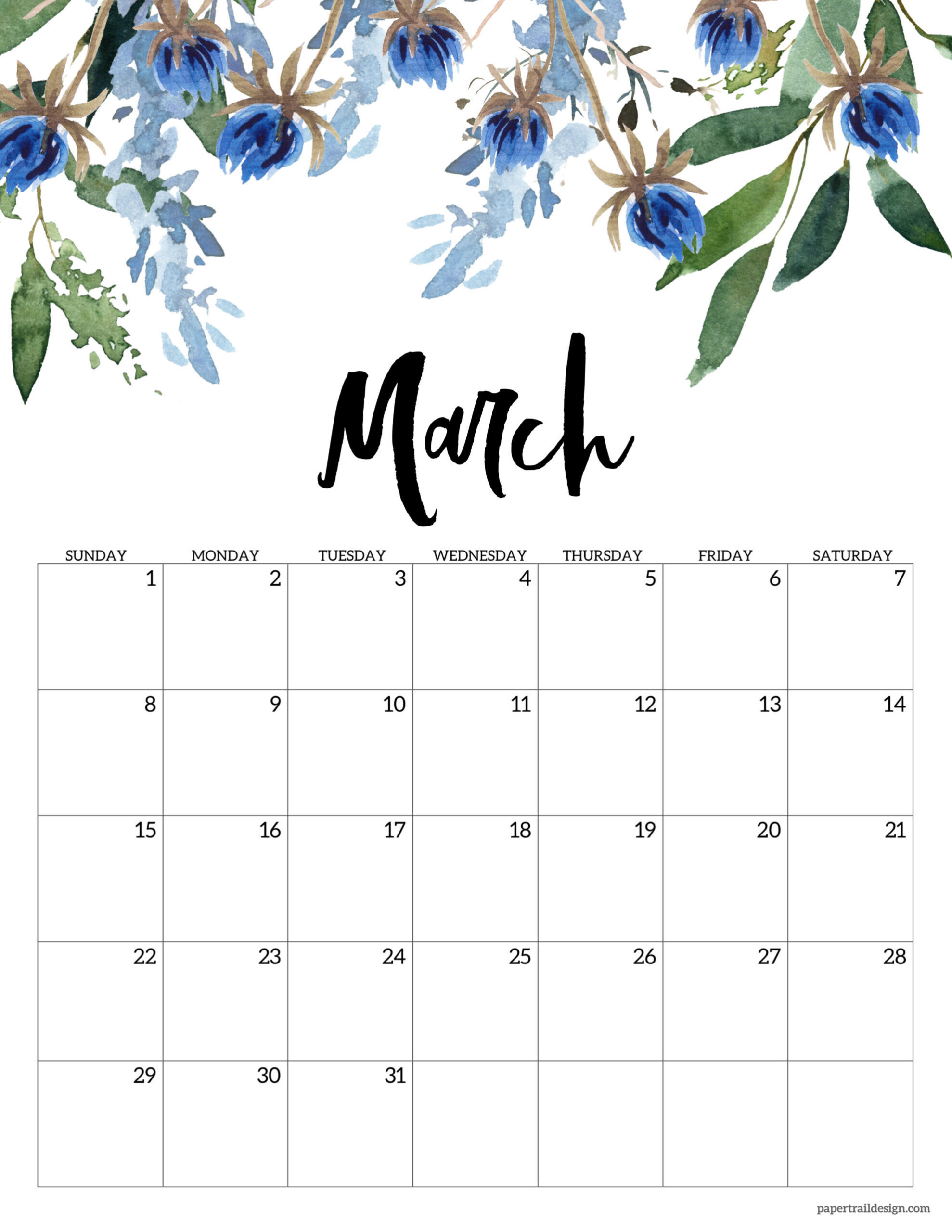 Free Printable Floral Calendar 2026 - Paper Trail Design pertaining to March 2026 Calendar Cute