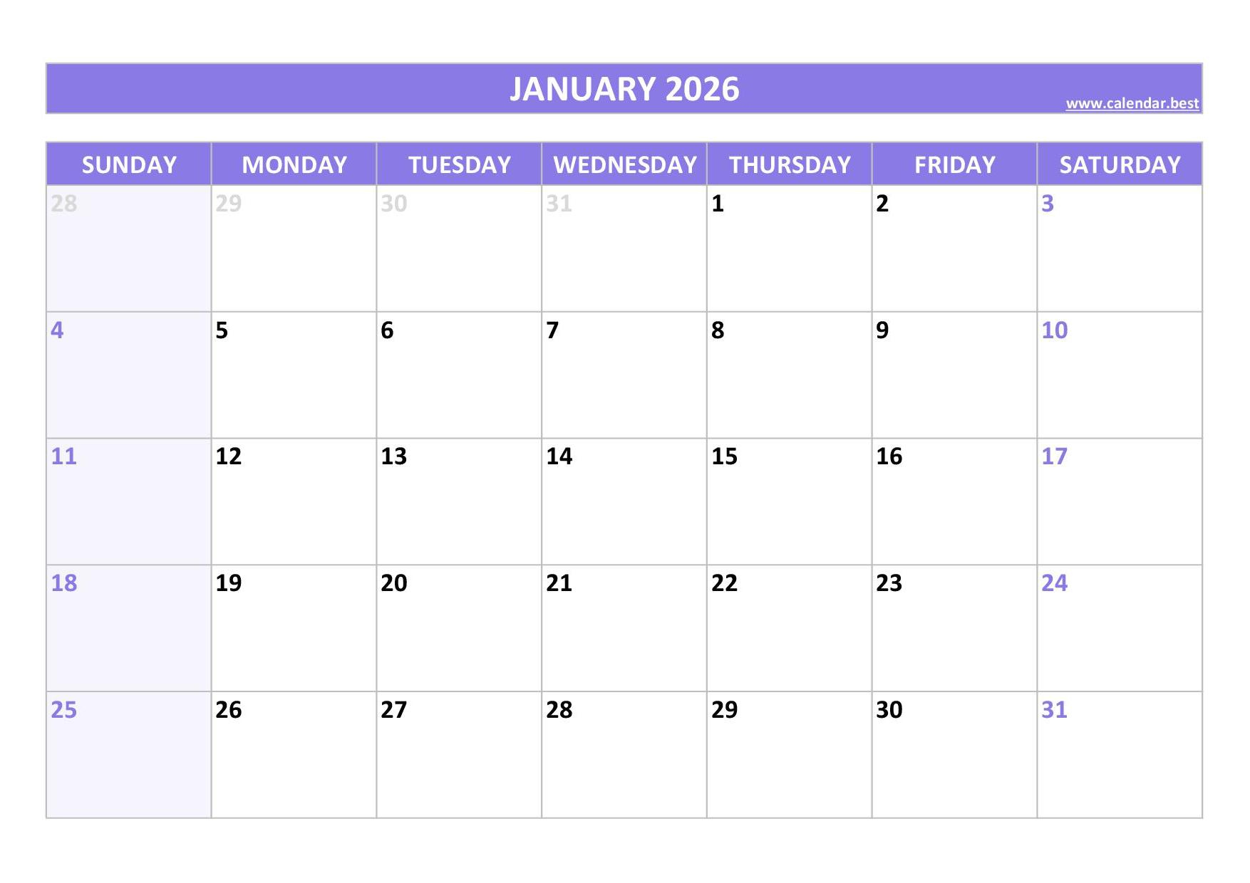 January 2026 Calendar -Calendar.best for January to March Calendar 2026
