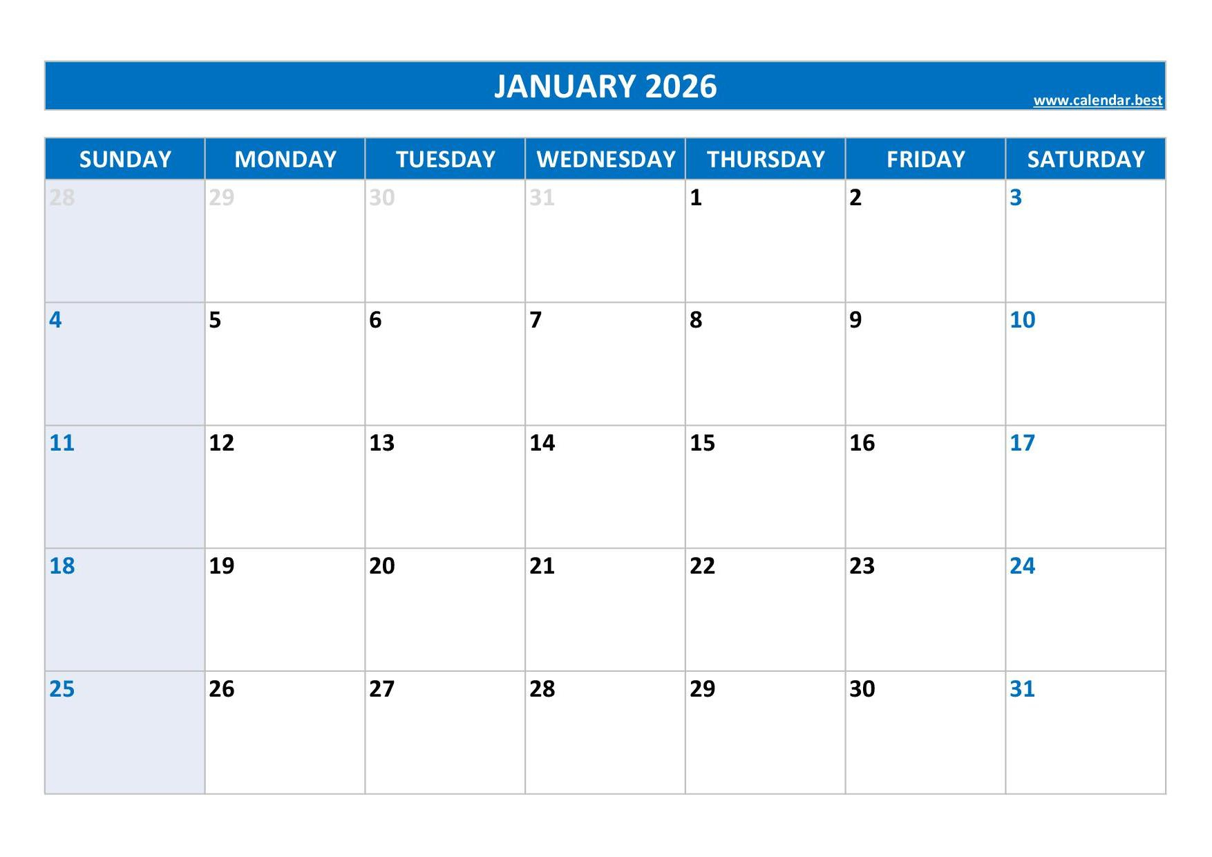 January 2026 Calendar -Calendar.best regarding Jan Feb March 2026 Printable Calendar