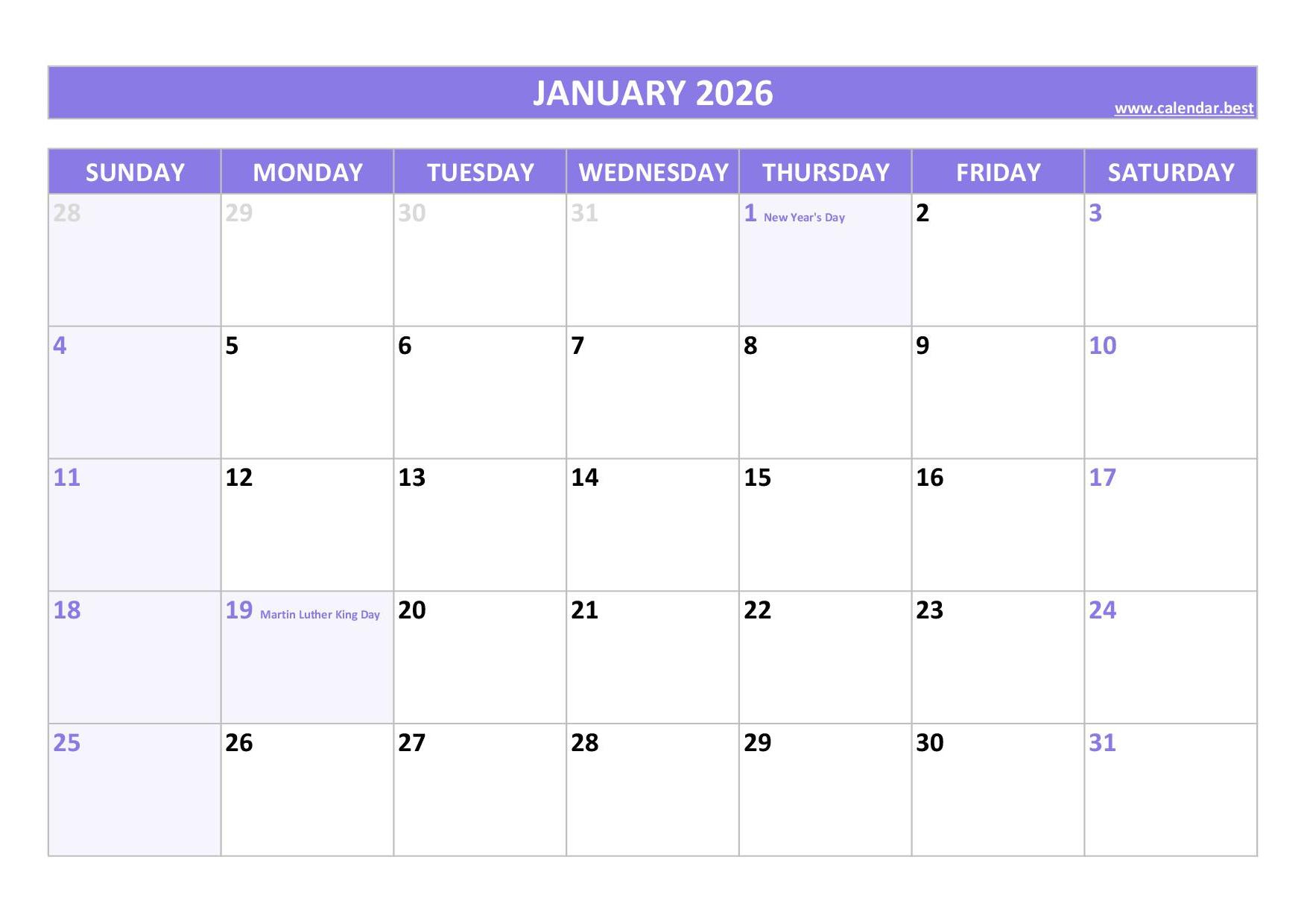 January 2026 Calendar -Calendar.best regarding Printable Calendar 2026 Jan Feb March
