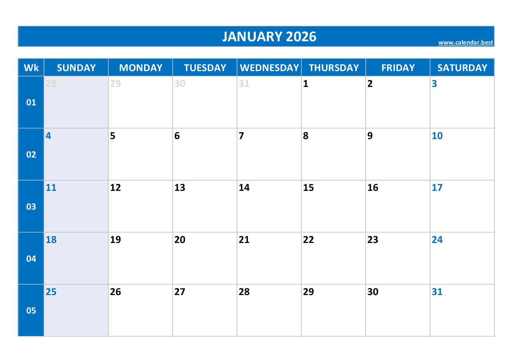 January 2026 Calendar -Calendar.best with regard to Printable Calendar 2026 January February March