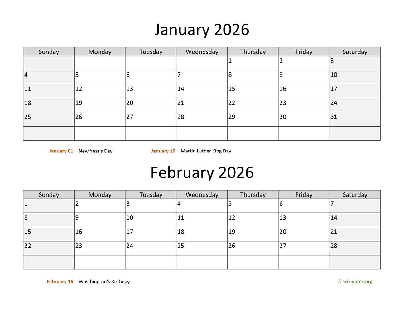 January And February 2026 Calendar | Wikidates in Printable Calendar 2026 Jan Feb March