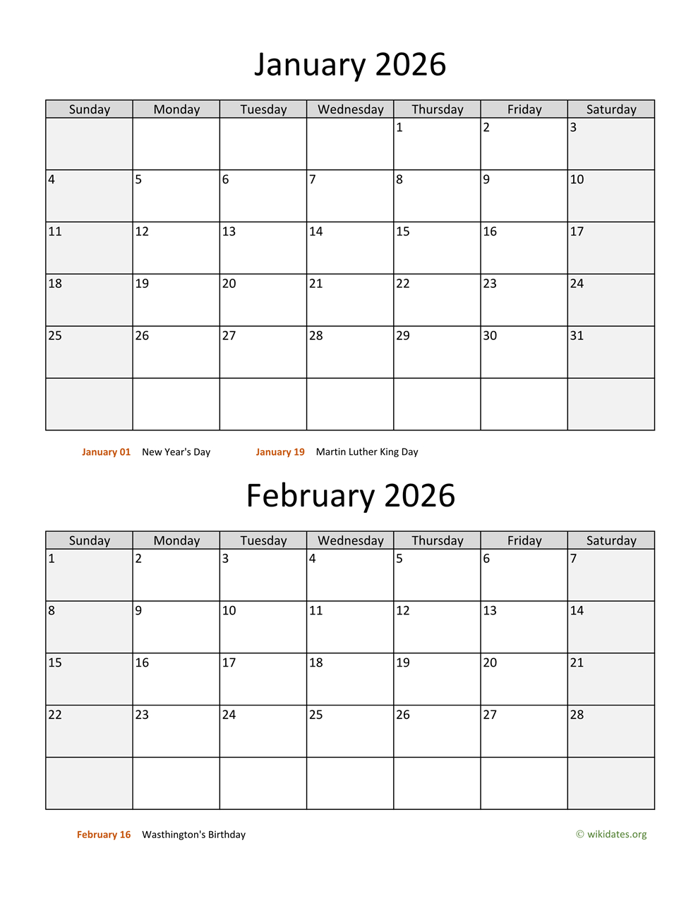 January And February 2026 Calendar | Wikidates regarding January Feb March 2026 Calendar