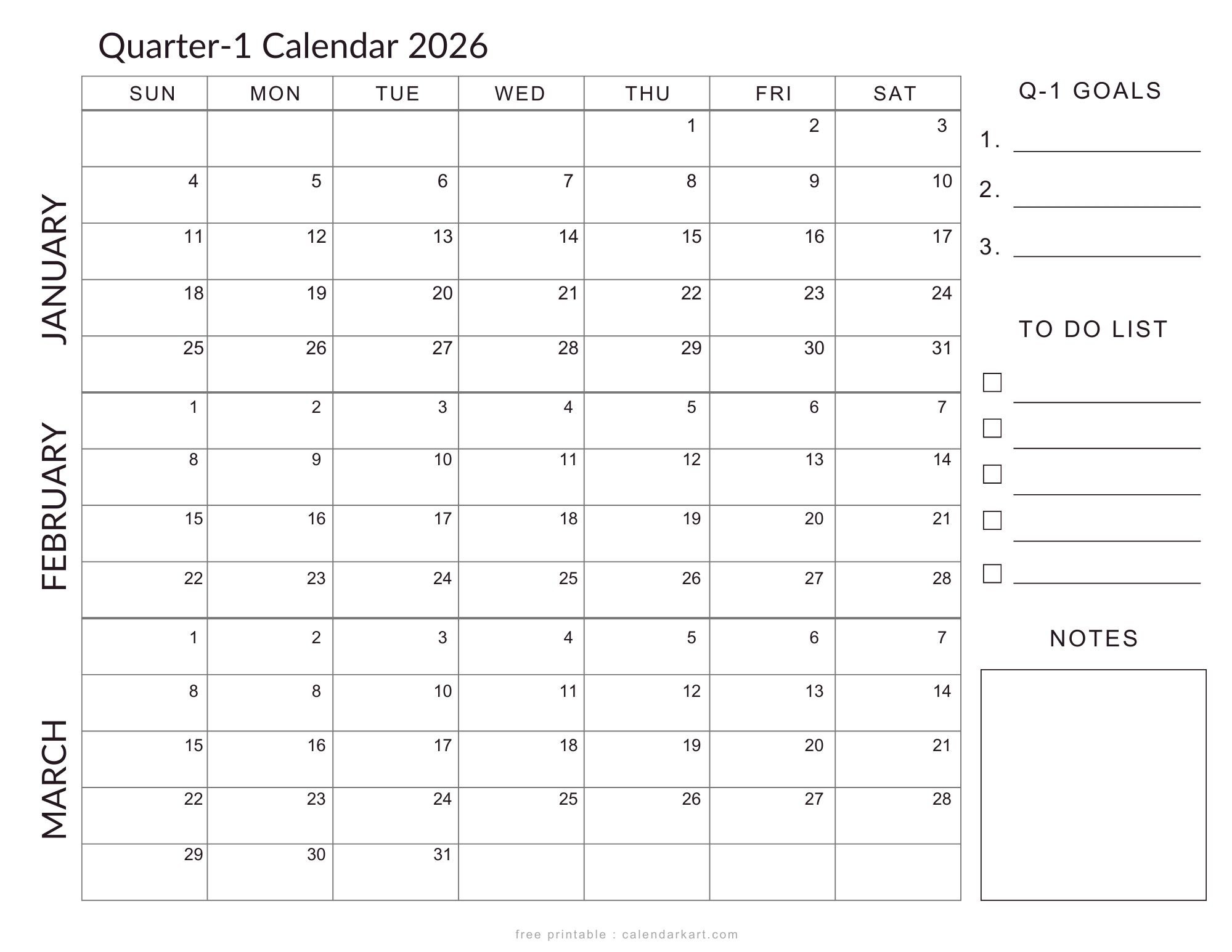 January-March 2026 Calendar - Q1 Planner Templates - Calendarkart inside January March 2026 Printable Calendar