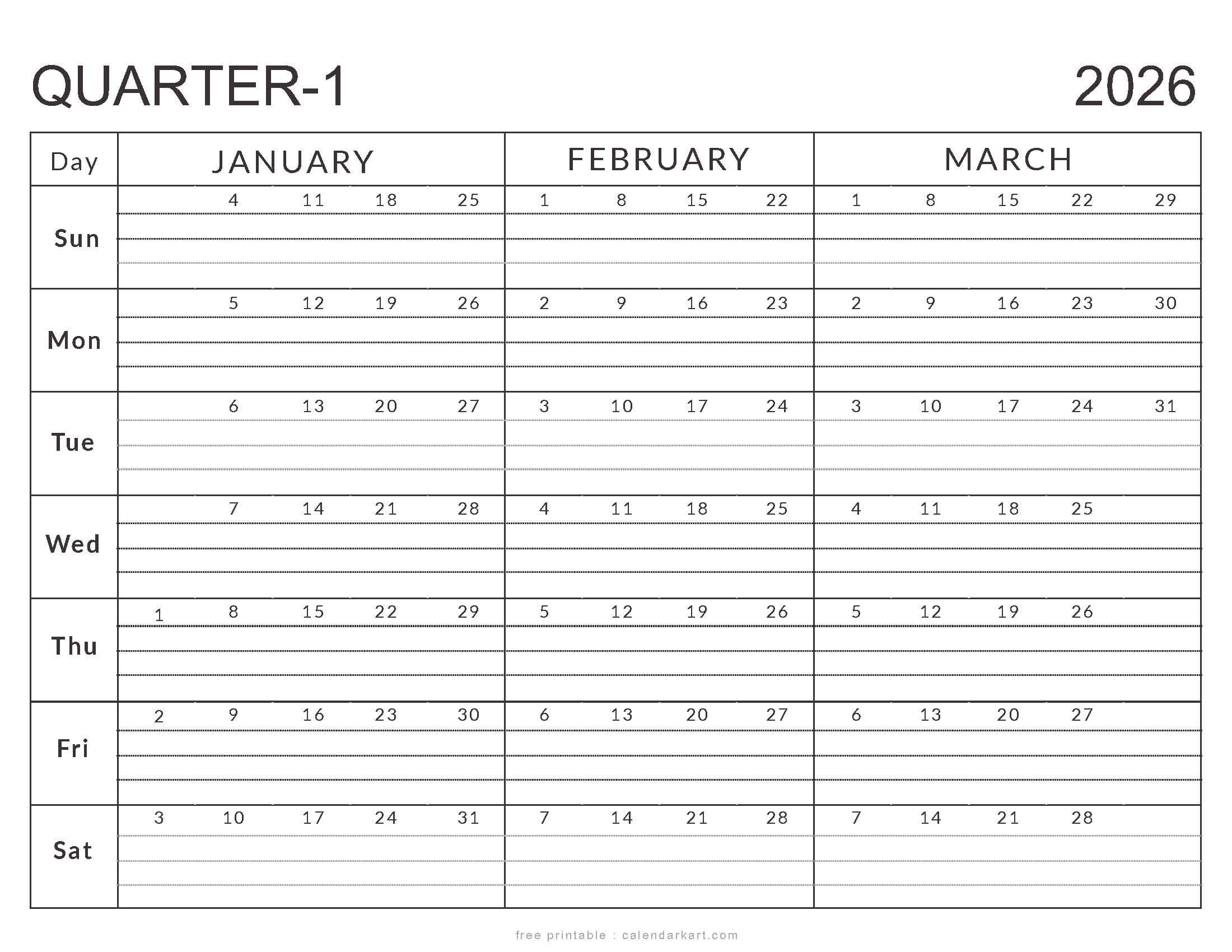 January-March 2026 Calendar - Q1 Planner Templates - Calendarkart pertaining to Printable Calendar Jan Feb March 2026