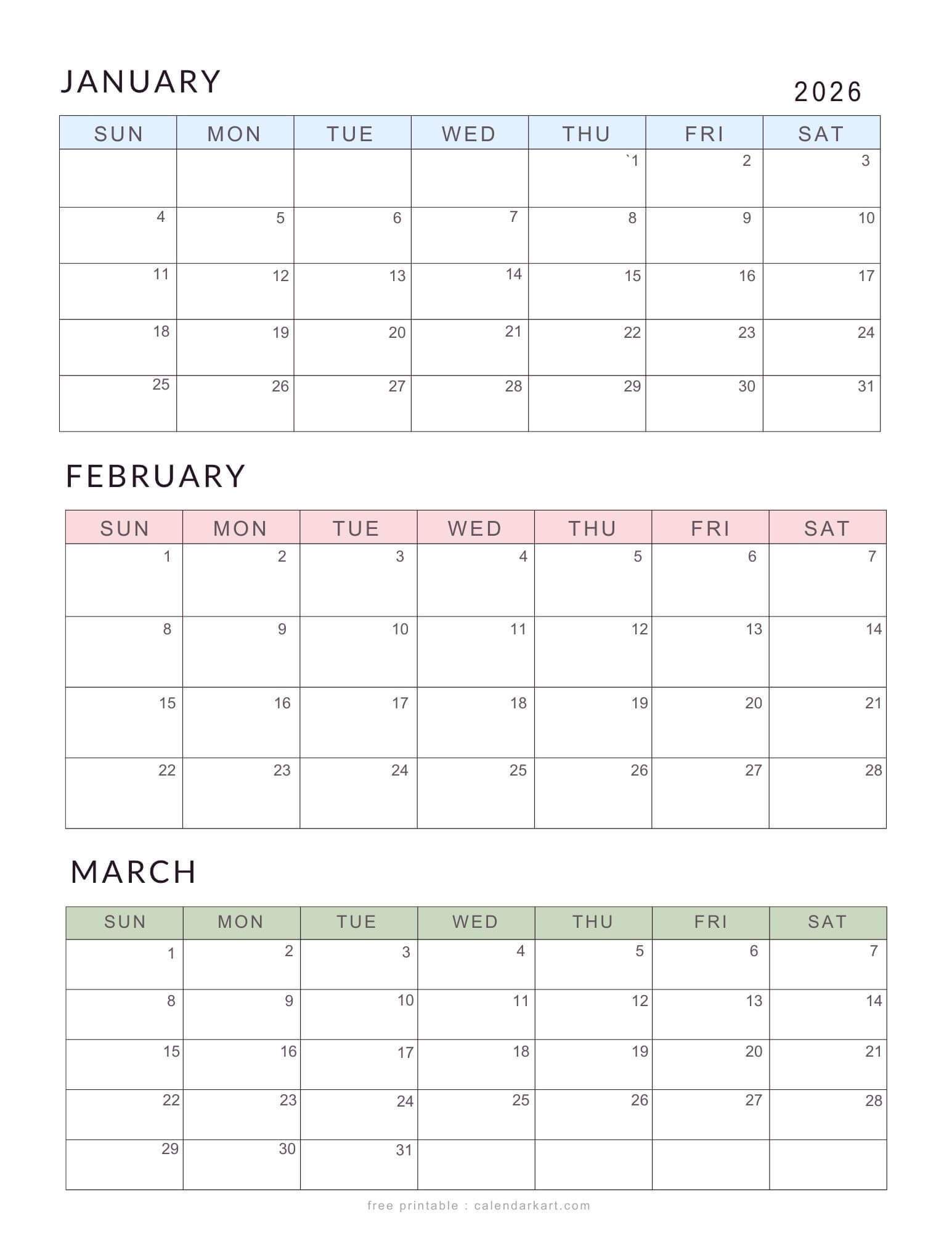 January-March 2026 Calendar - Q1 Planner Templates - Calendarkart throughout January March 2026 Printable Calendar