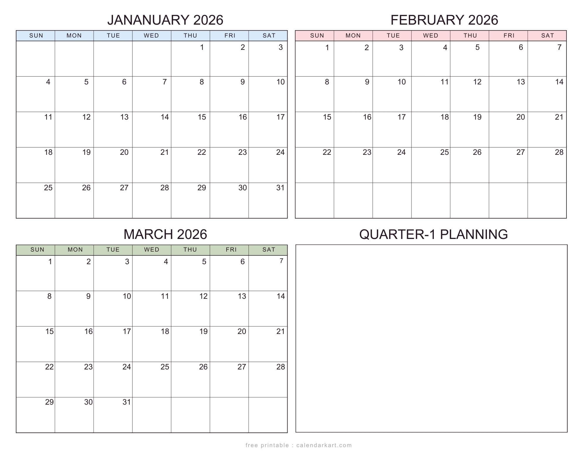 January-March 2026 Calendar - Q1 Planner Templates - Calendarkart with January February March 2026 Calendar