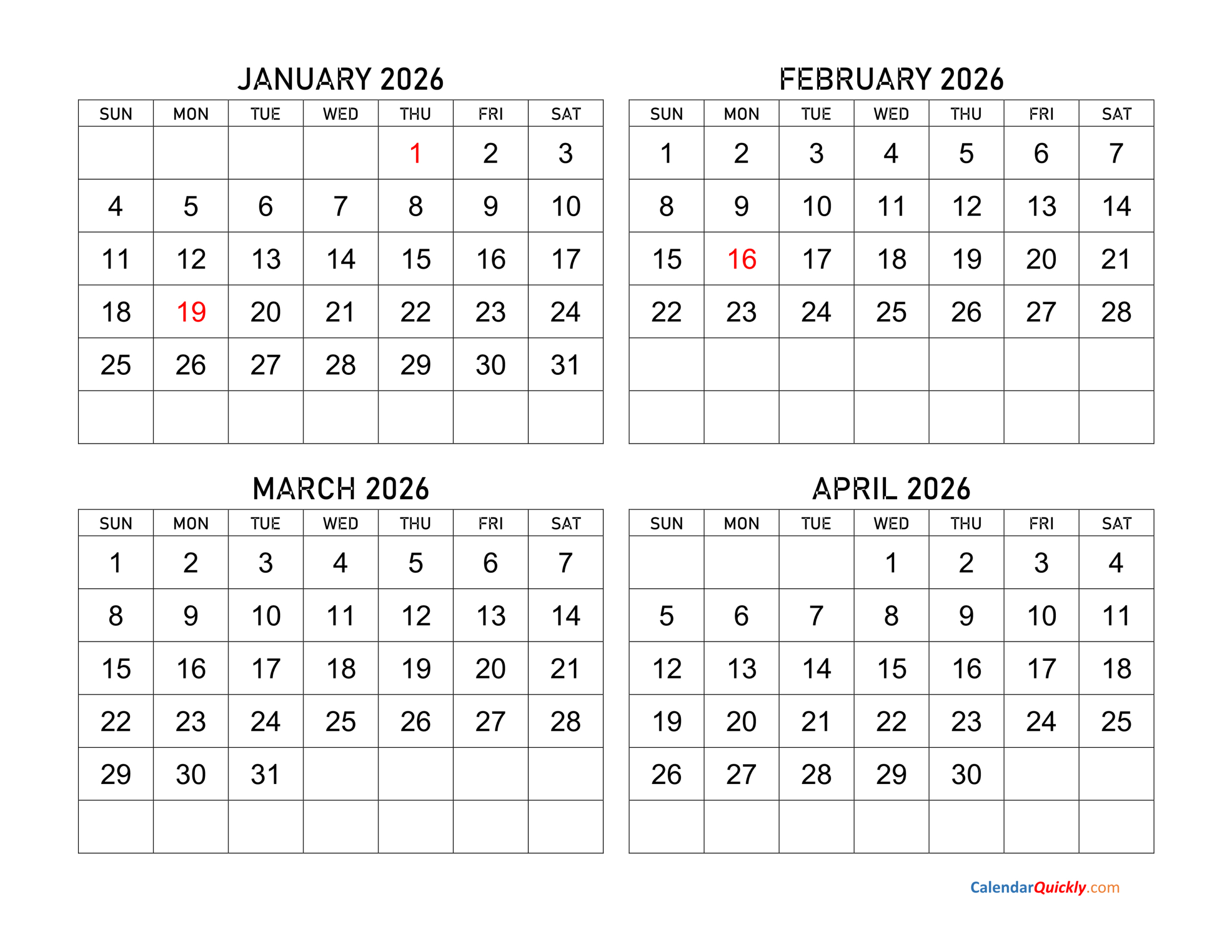 January To April 2026 Calendar | Calendar Quickly regarding January February March Calendar 2026