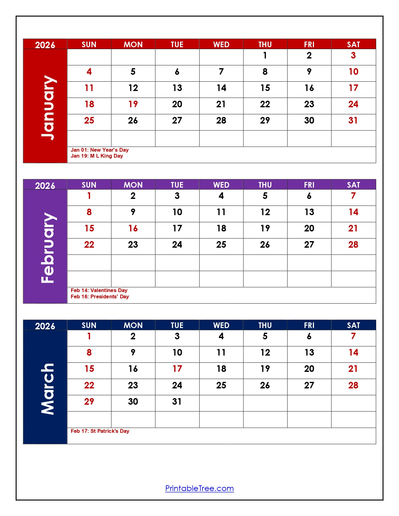 January To March 2026 Calendar- Three Month Calendar regarding January March 2026 Printable Calendar