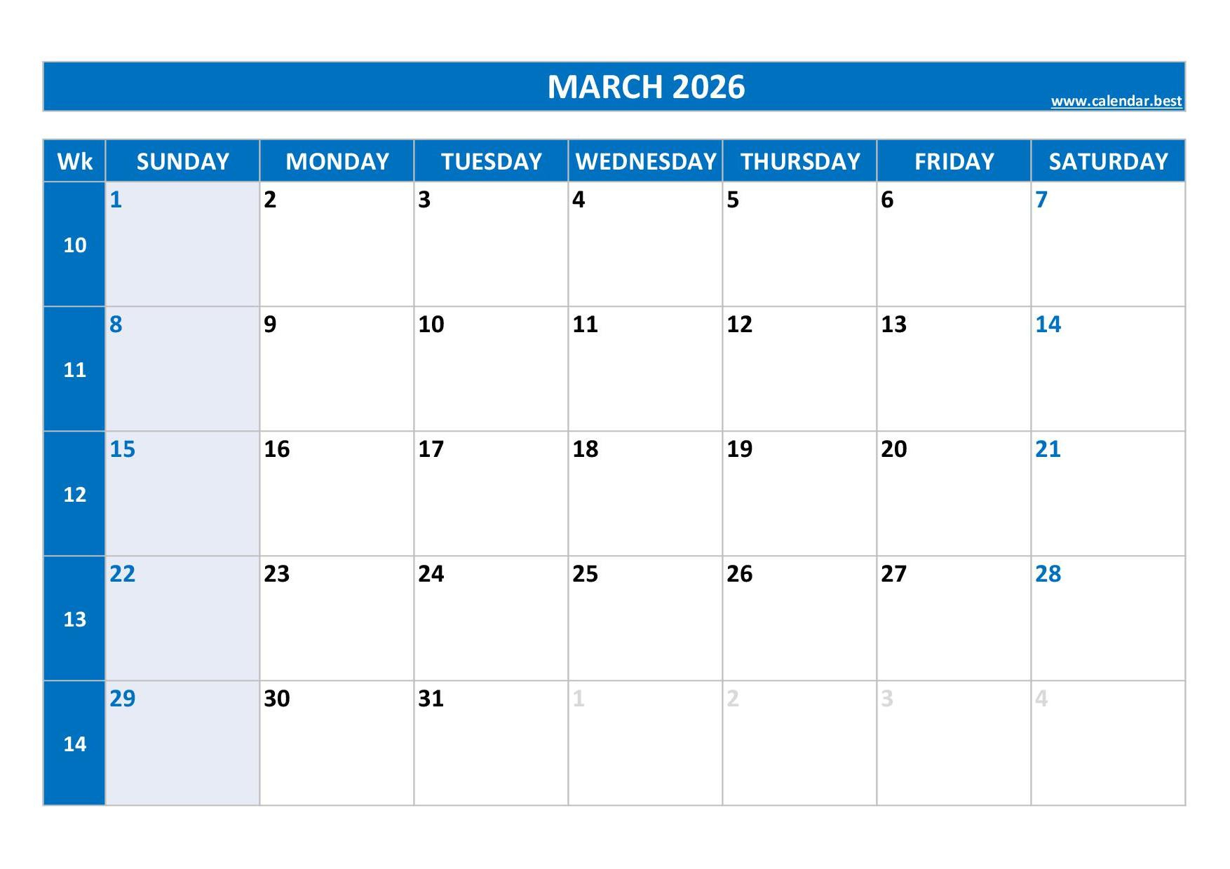 March 2026 Calendar -Calendar.best in March 2026 Calendar Numbers Printable