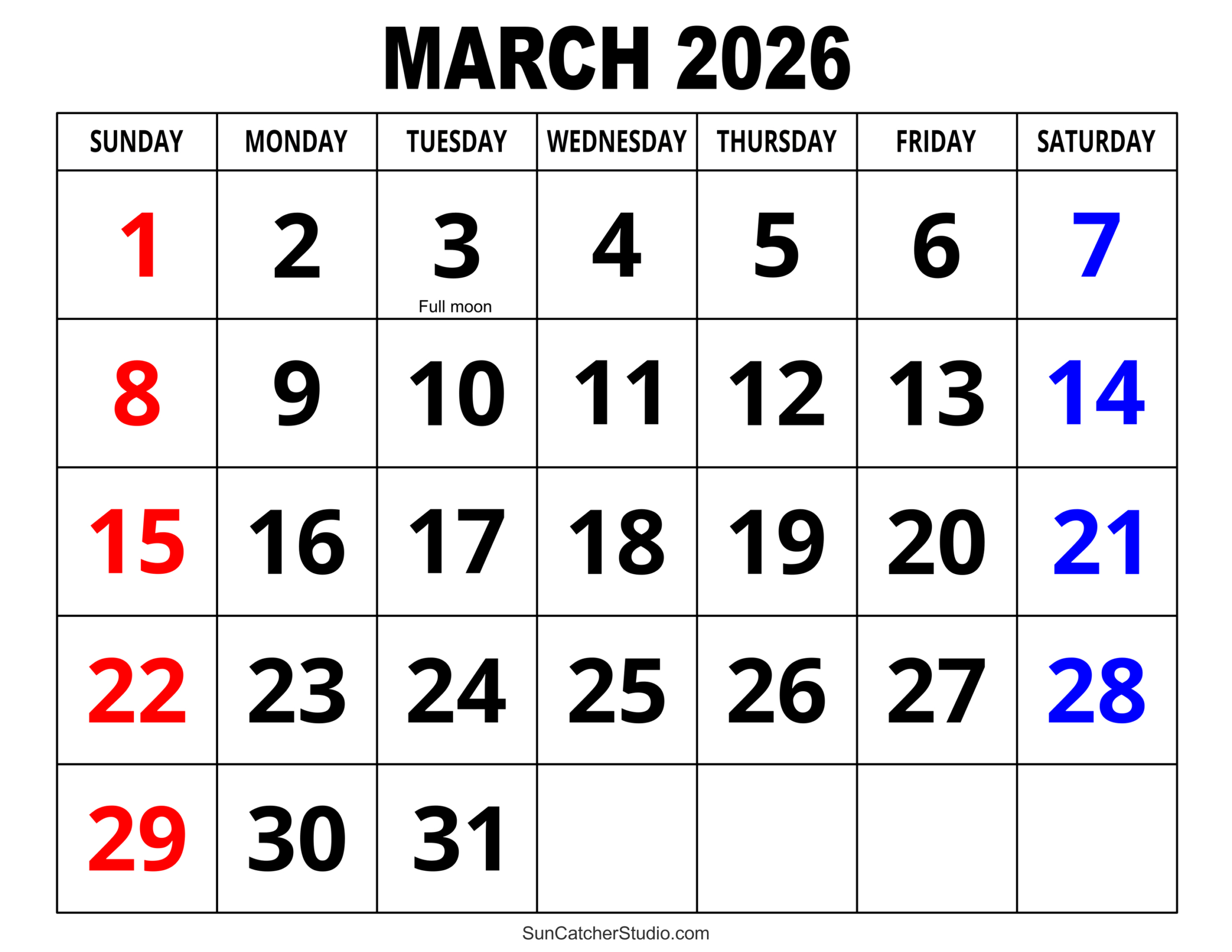 March 2026 Calendar (Free Printable) – Free Printables, Lettering inside Calendar of March 2026