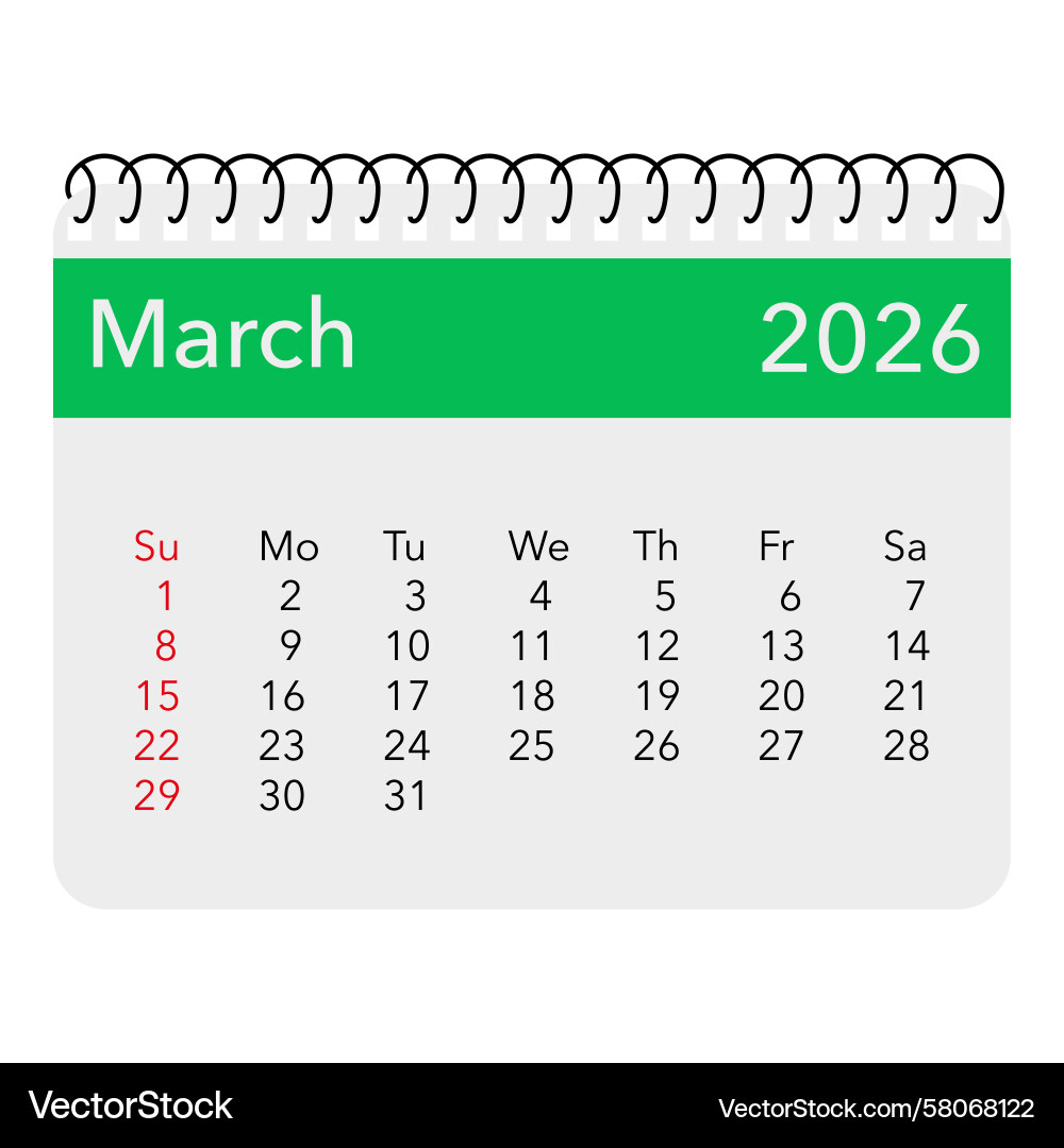 March 2026 Calendar - Green Spiral – Royalty-Free Vector | Vectorstock in March Clip Art Calendar 2026