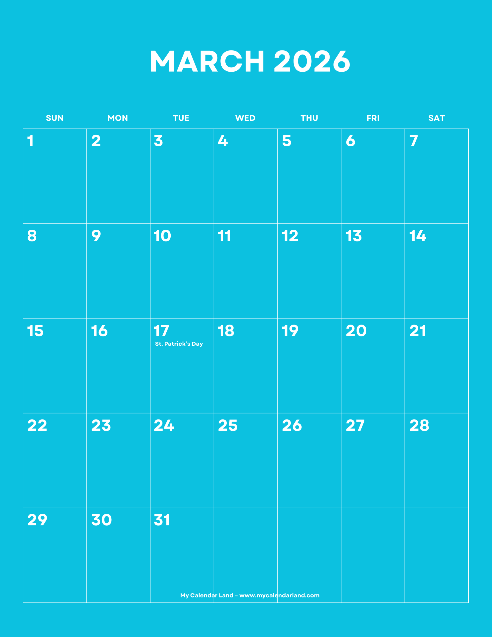 March 2026 Calendar – My Calendar Land pertaining to March Calendar 2026 General Blue