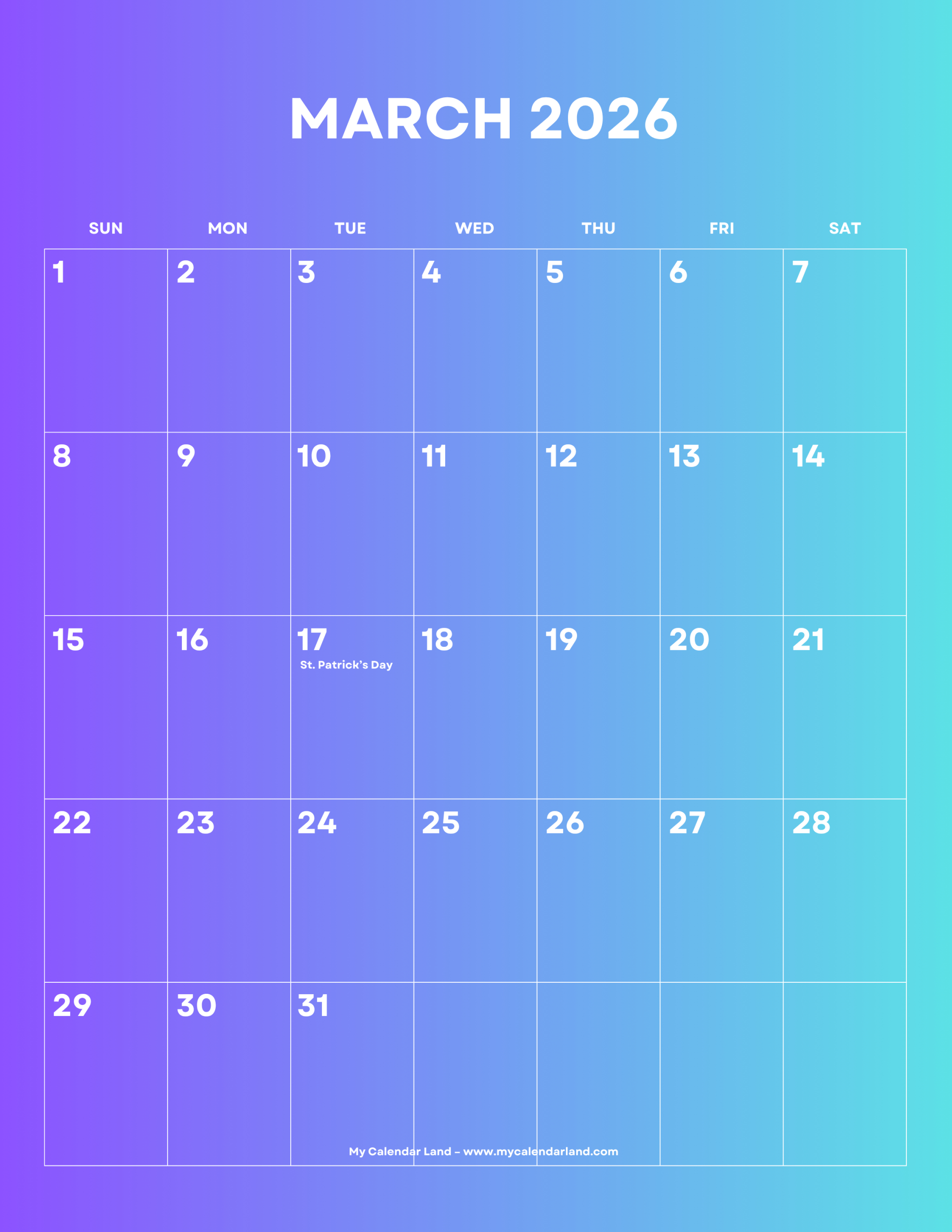 March 2026 Calendar – My Calendar Land pertaining to March Calendar 2026 Grab Calendar