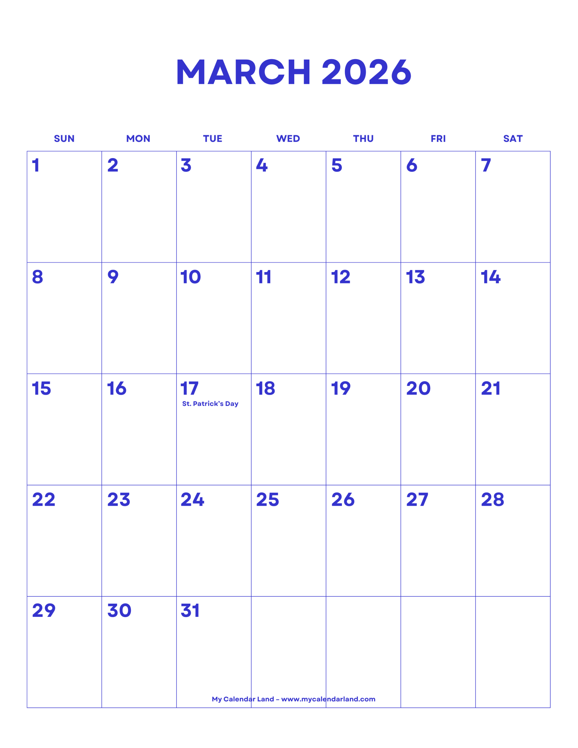 March 2026 Calendar – My Calendar Land with regard to March Calendar 2026 General Blue