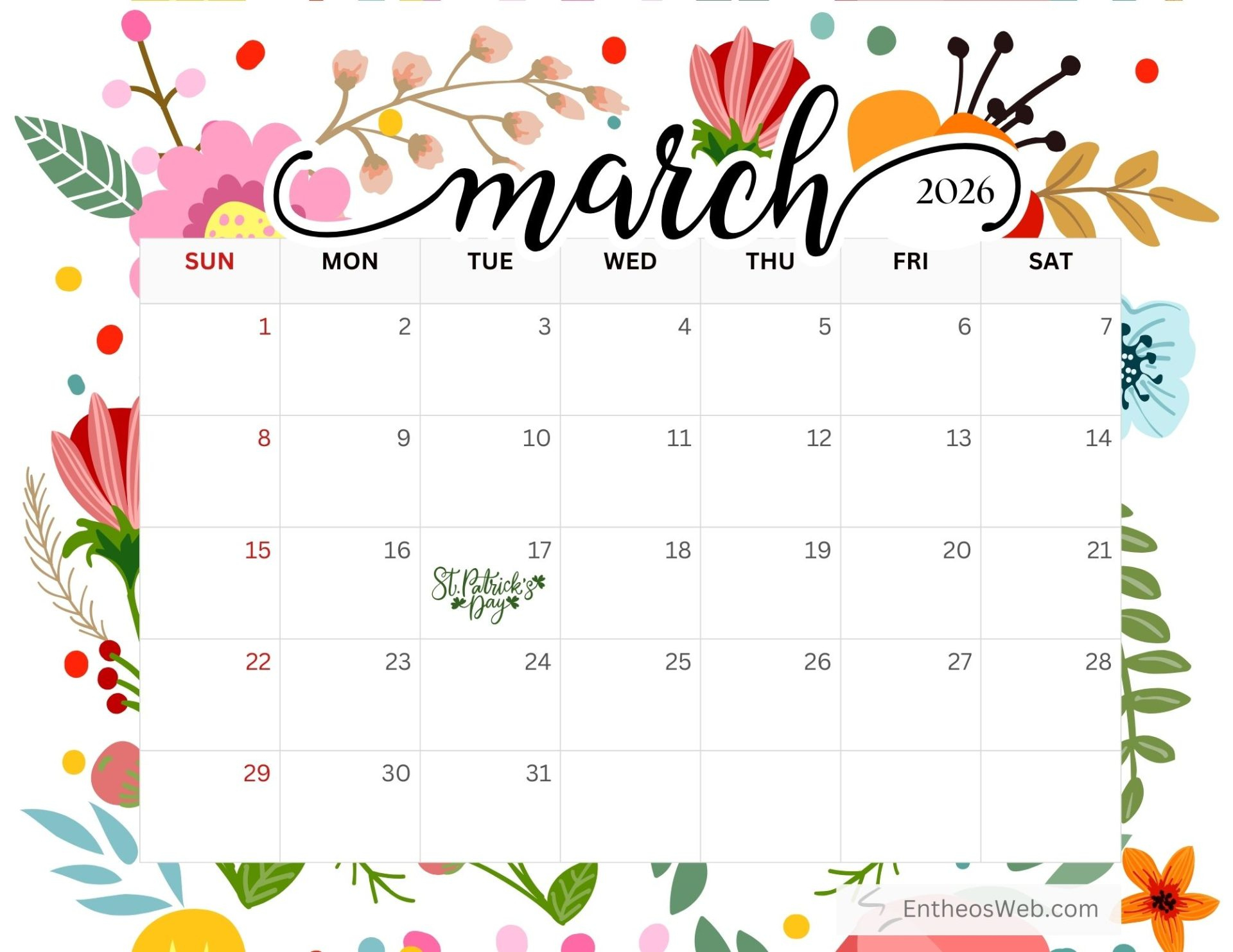 March 2026 Calendar Printables » Entheosweb inside March Calendar 2026 Holidays