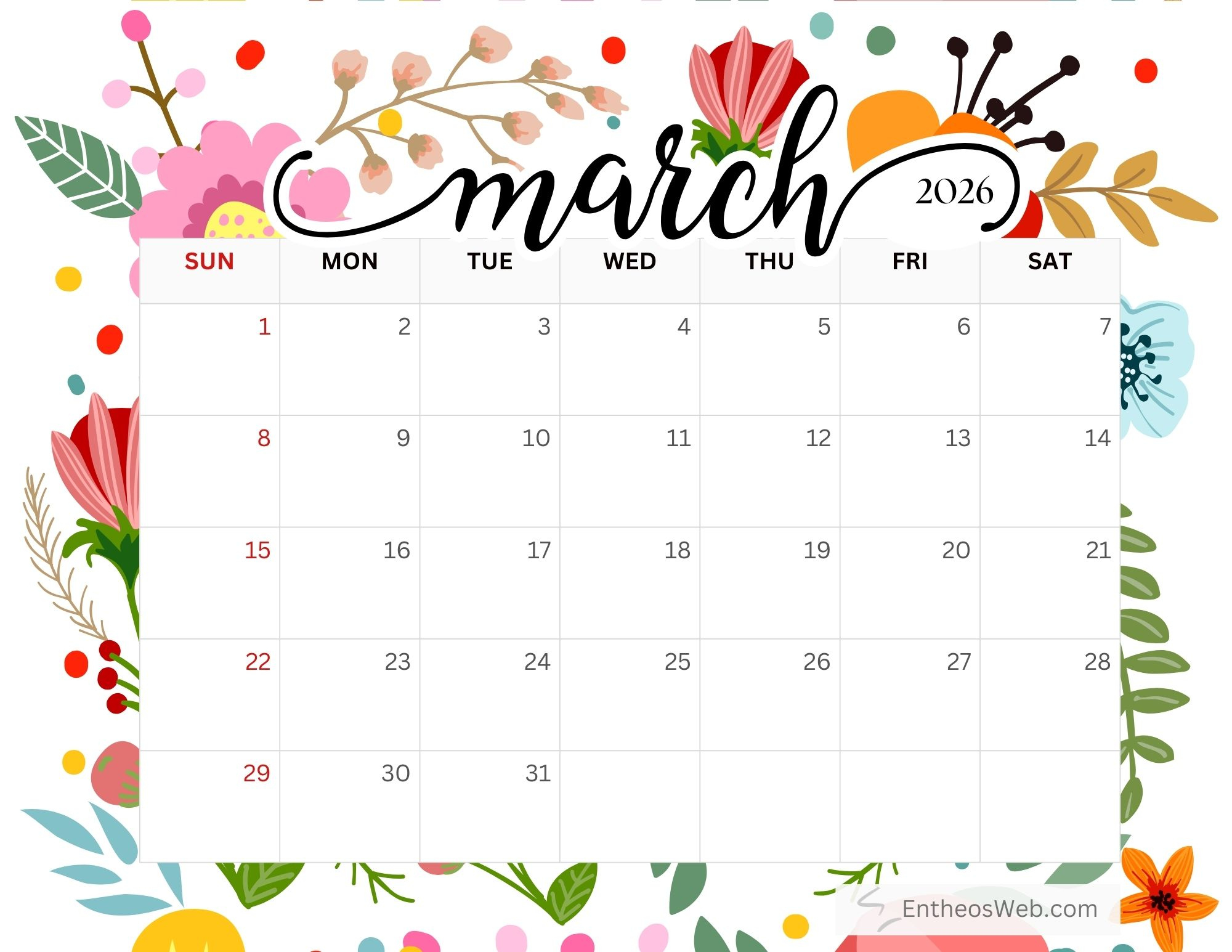 March 2026 Calendar Printables » Entheosweb with March Calendar For 2026
