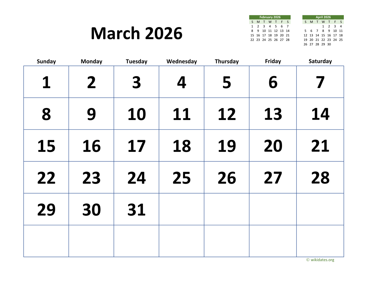 March 2026 Calendar With Extra-Large Dates | Wikidates with regard to March Calendar 2026 Printable Free Wiki