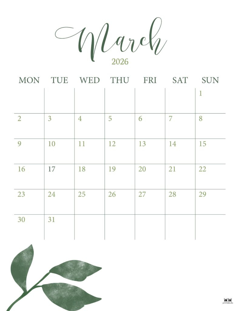 March 2026 Calendars - 150 Free Printables | Printabulls in March 2026 Calendar Printabulls
