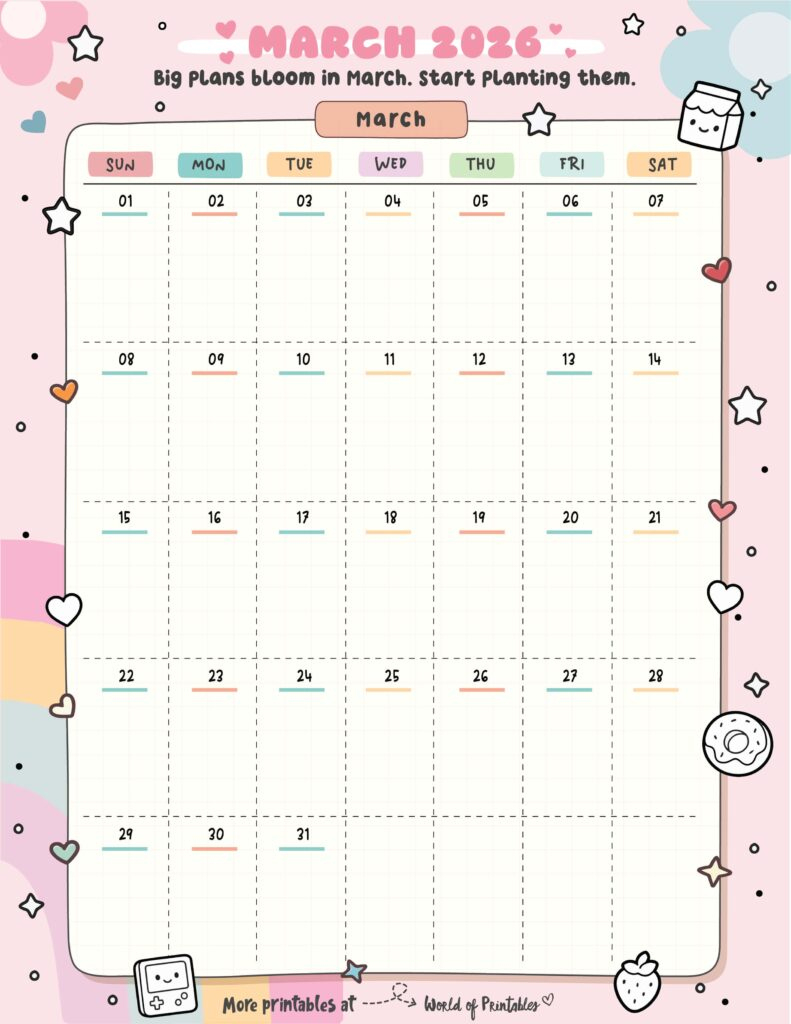 March 2026 Calendars - 200 Free Printable Pdf Designs - World Of intended for March 2026 Calendar Printable Cute
