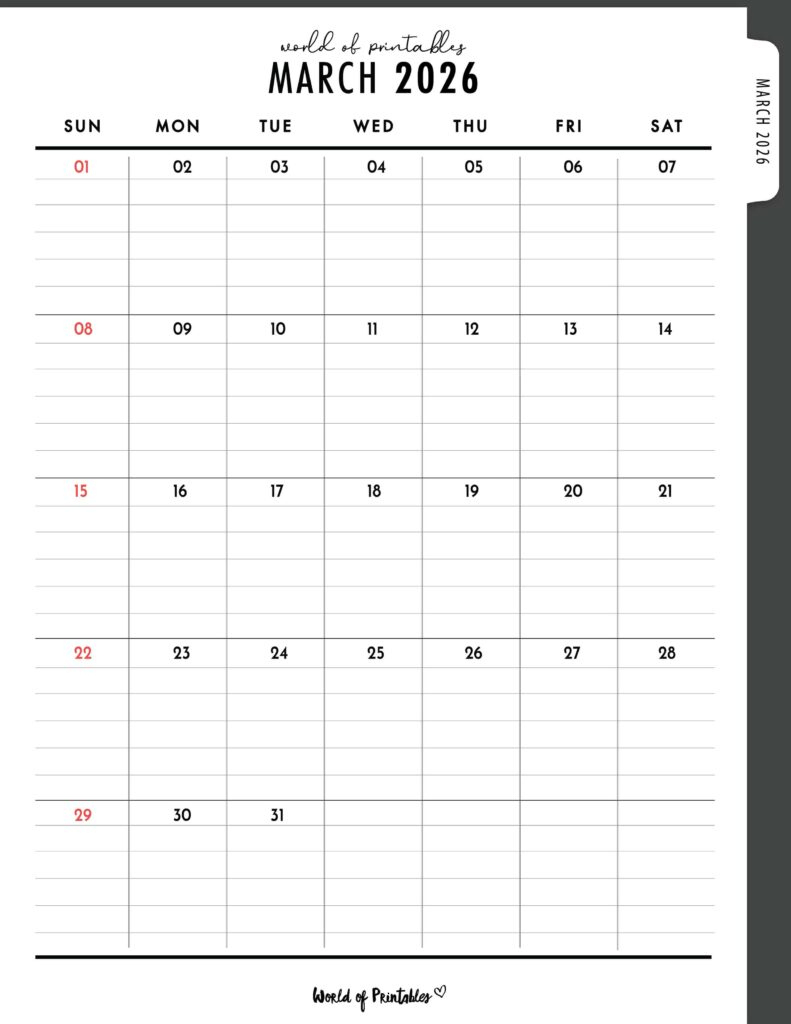 March 2026 Calendars - 200 Free Printable Pdf Designs - World Of pertaining to March 2026 Calendar Printable With Lines