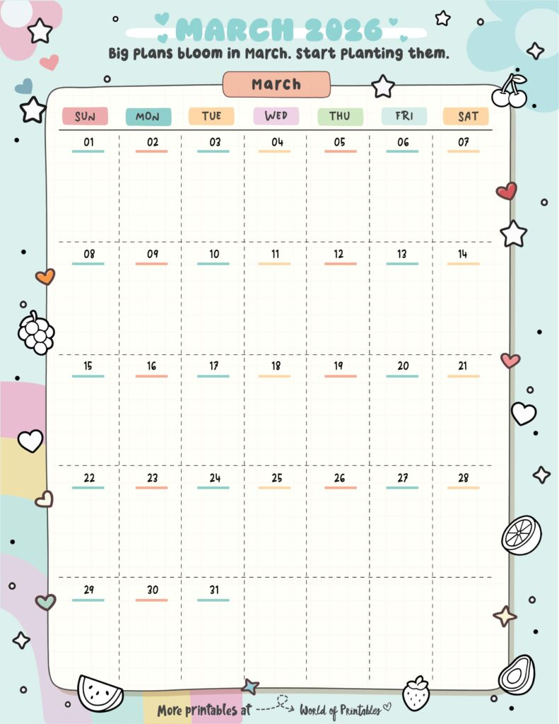 March 2026 Calendars - 200 Free Printable Pdf Designs - World Of within Printable March 2026 Calendar Template