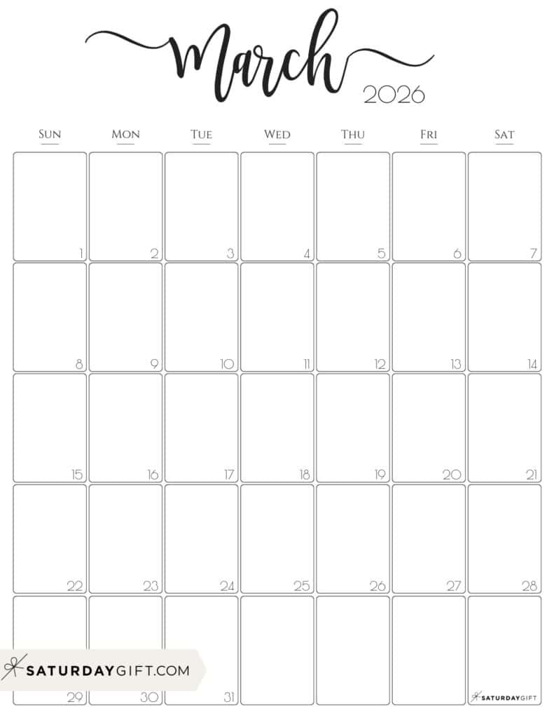 March 2026 Calendars - 23 Cute Free Printable Pdfssaturdaygift with March Calendar 2026 Vertical