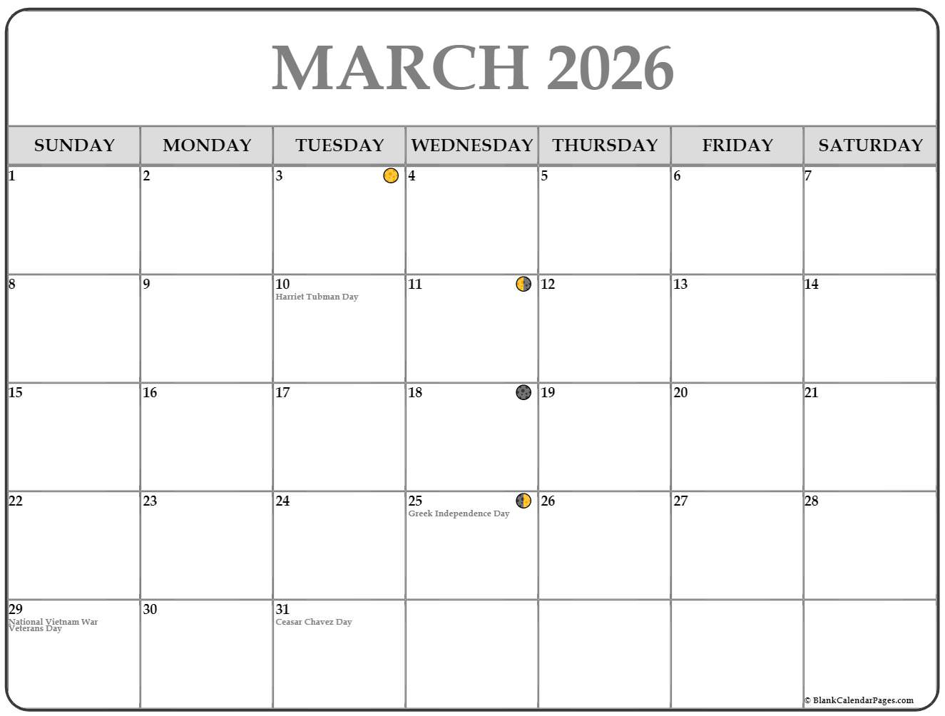 March 2026 Lunar Calendar | Moon Phase Calendar in Moon Calendar March 2026