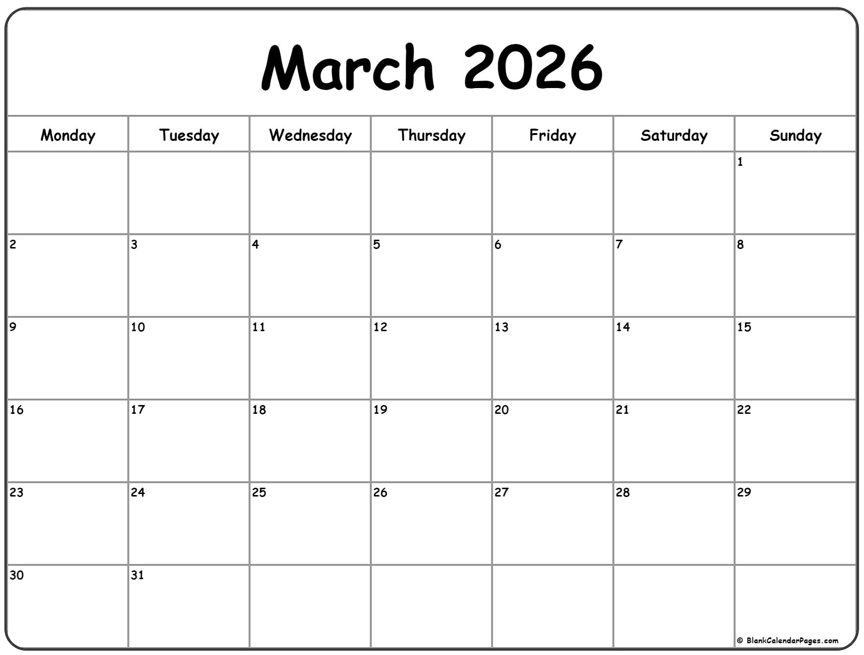 March 2026 Monday Calendar | Monday To Sunday in Printable Calendar March 2026 Monday Start