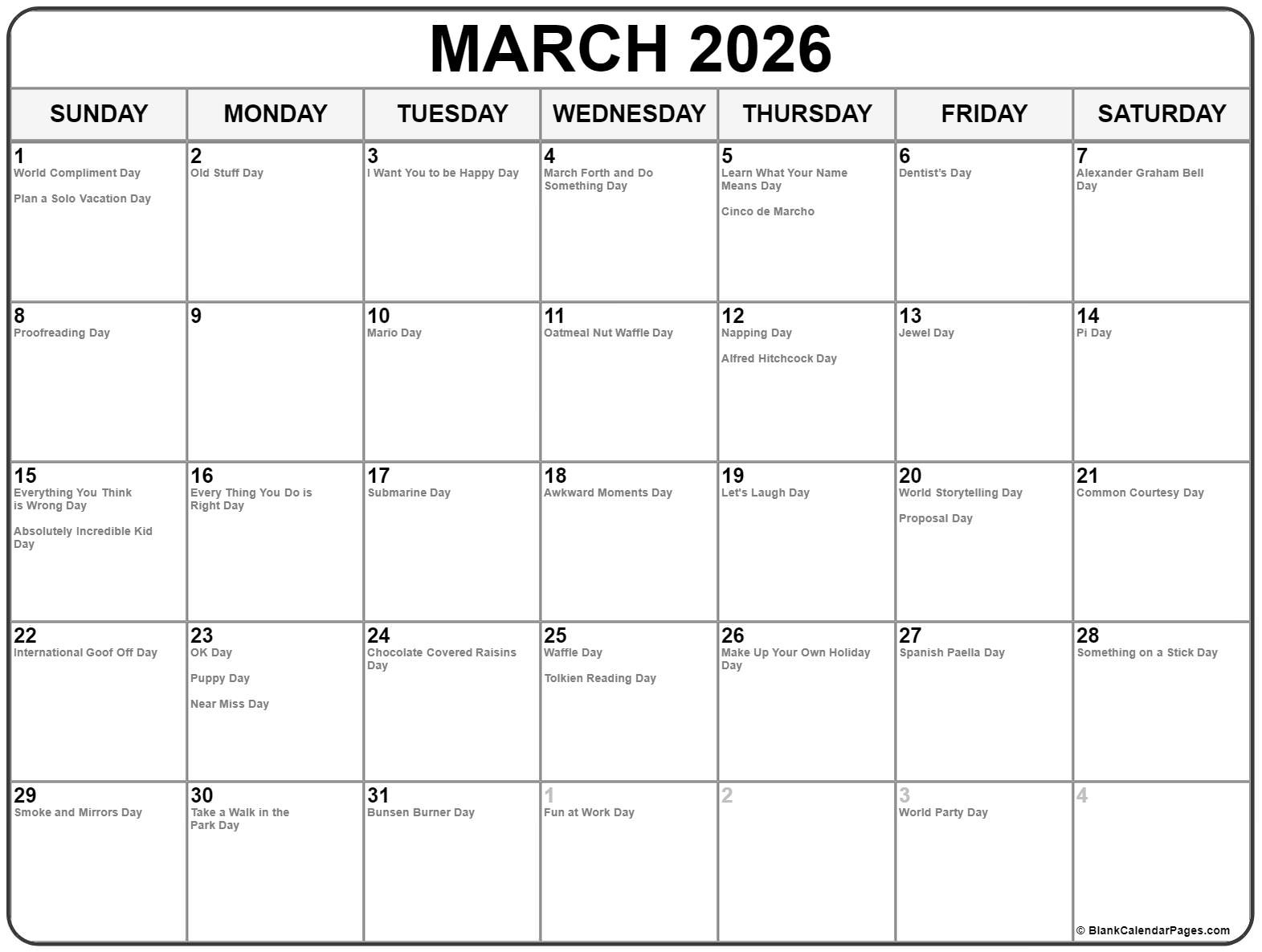 March 2026 With Holidays Calendar for National Day Calendar March 2026