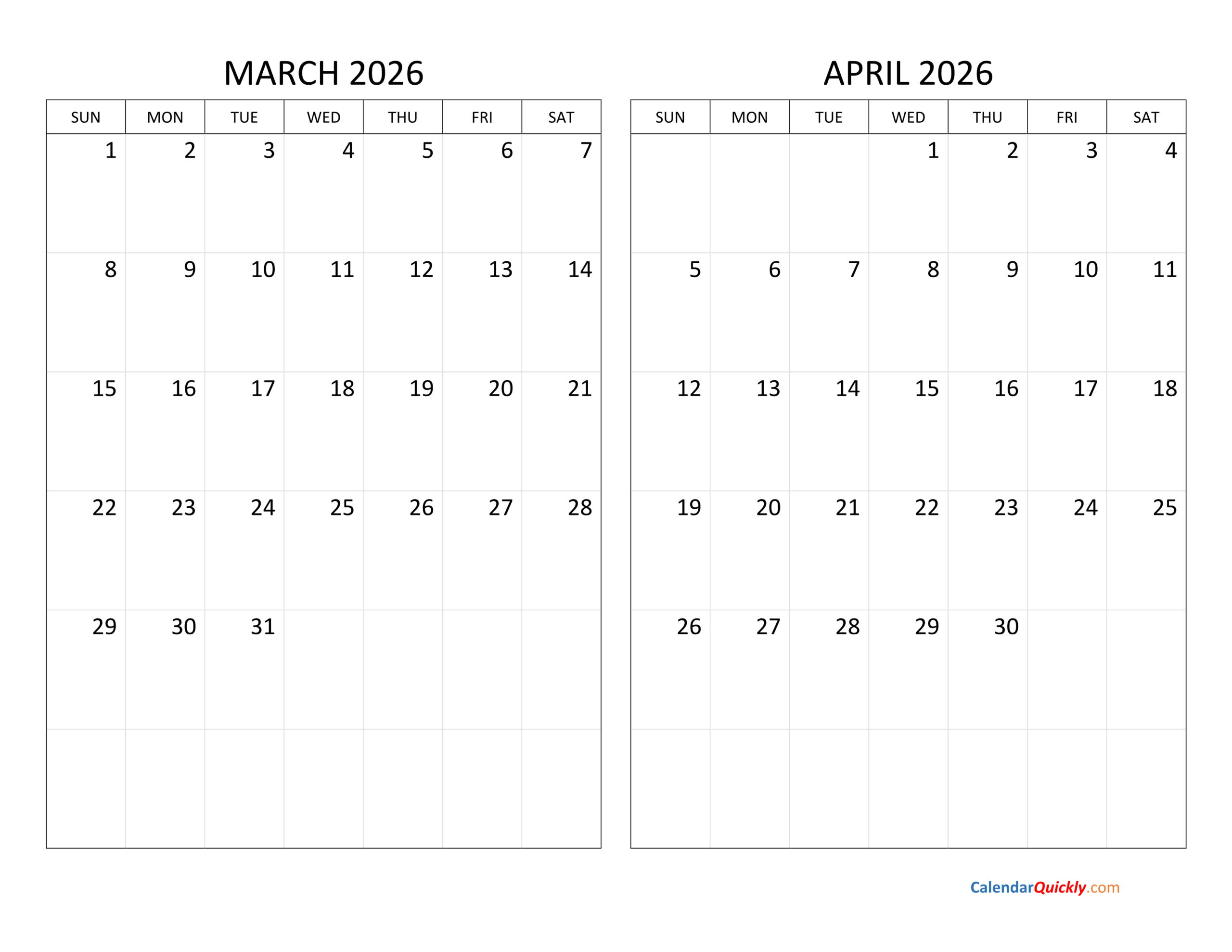 March And April 2026 Calendar | Calendar Quickly intended for Printable March April 2026 Calendar