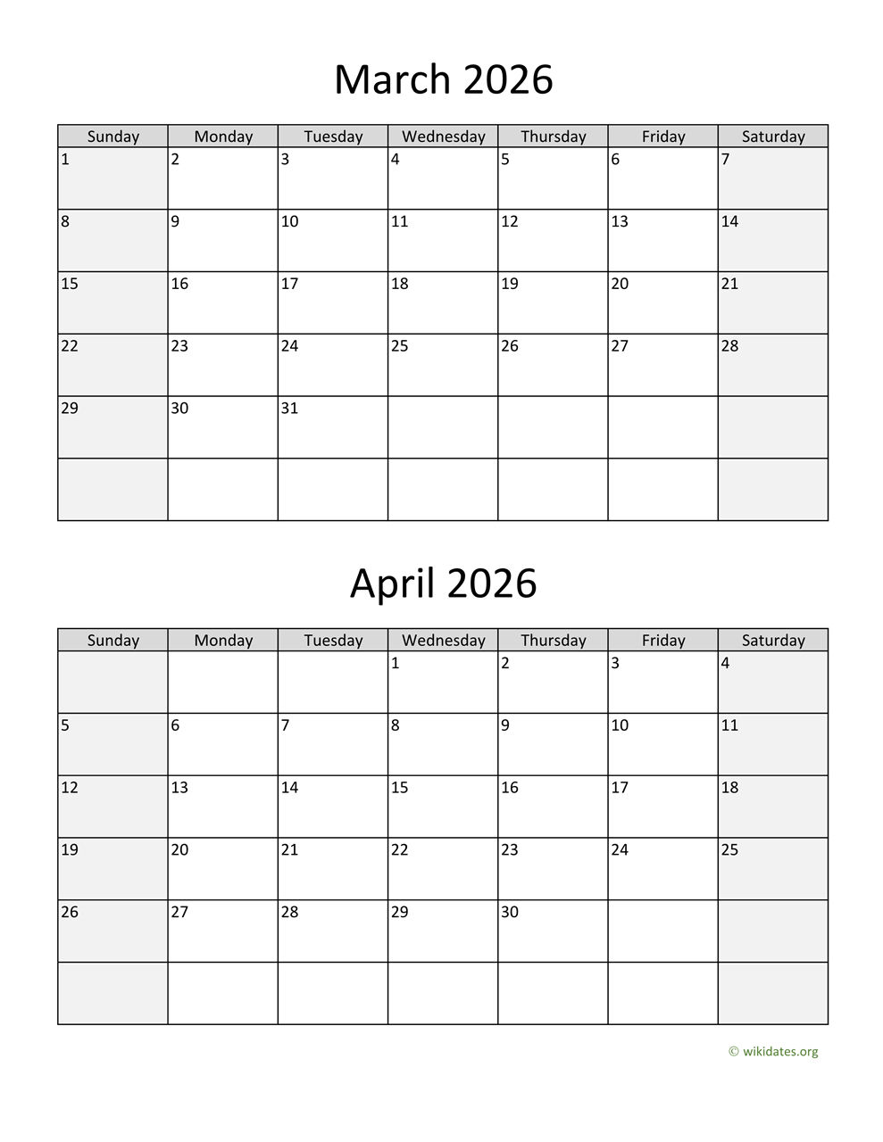 March And April 2026 Calendar | Wikidates intended for Free Printable Calendar March and April 2026