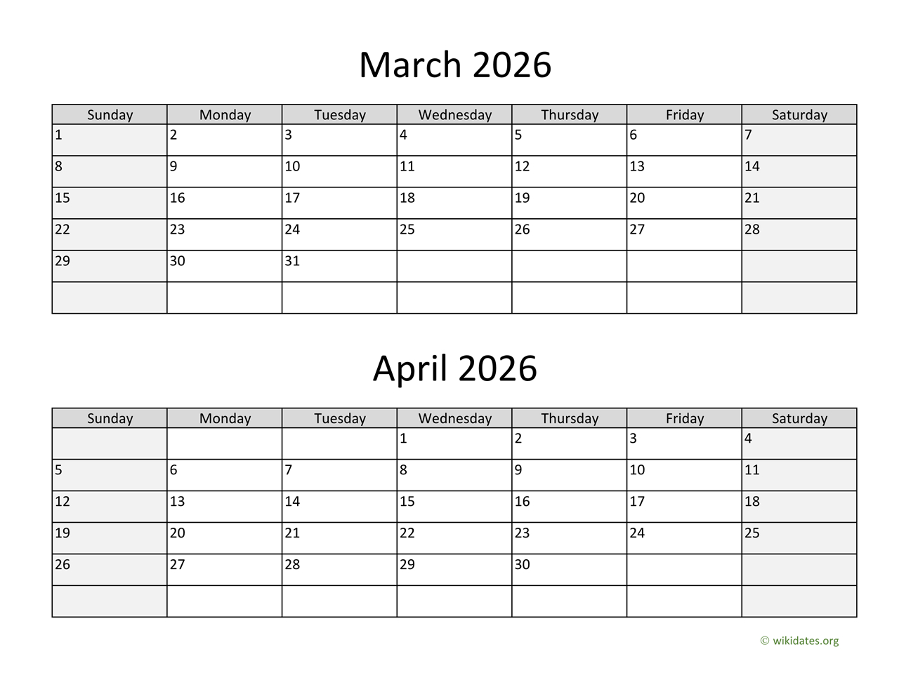 March And April 2026 Calendar | Wikidates with regard to April 2026 to March 2026 Calendar Printable