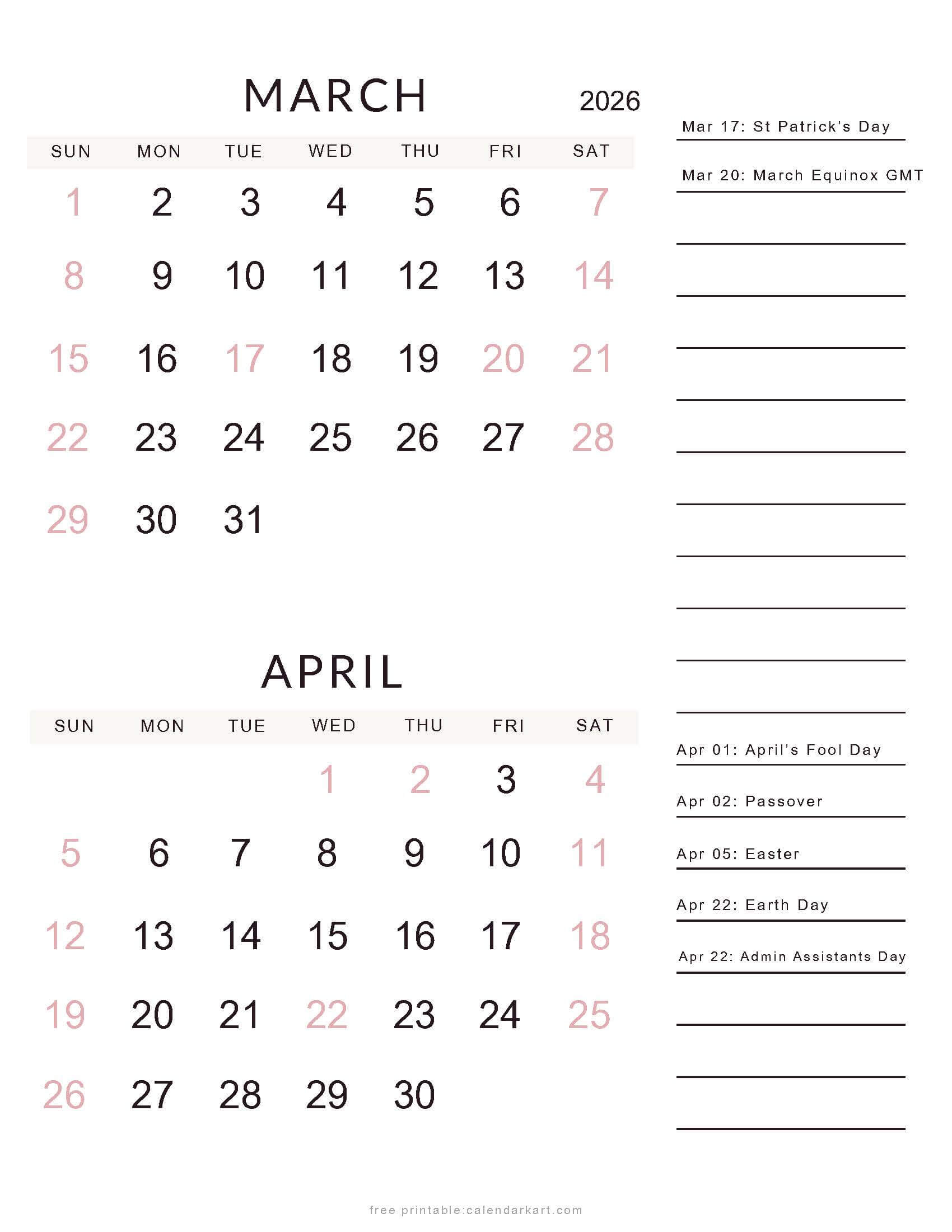 March April 2026 Calendars - Free Printable Pdfs - Calendarkart throughout Free Printable Calendar April 2026 to March 2026