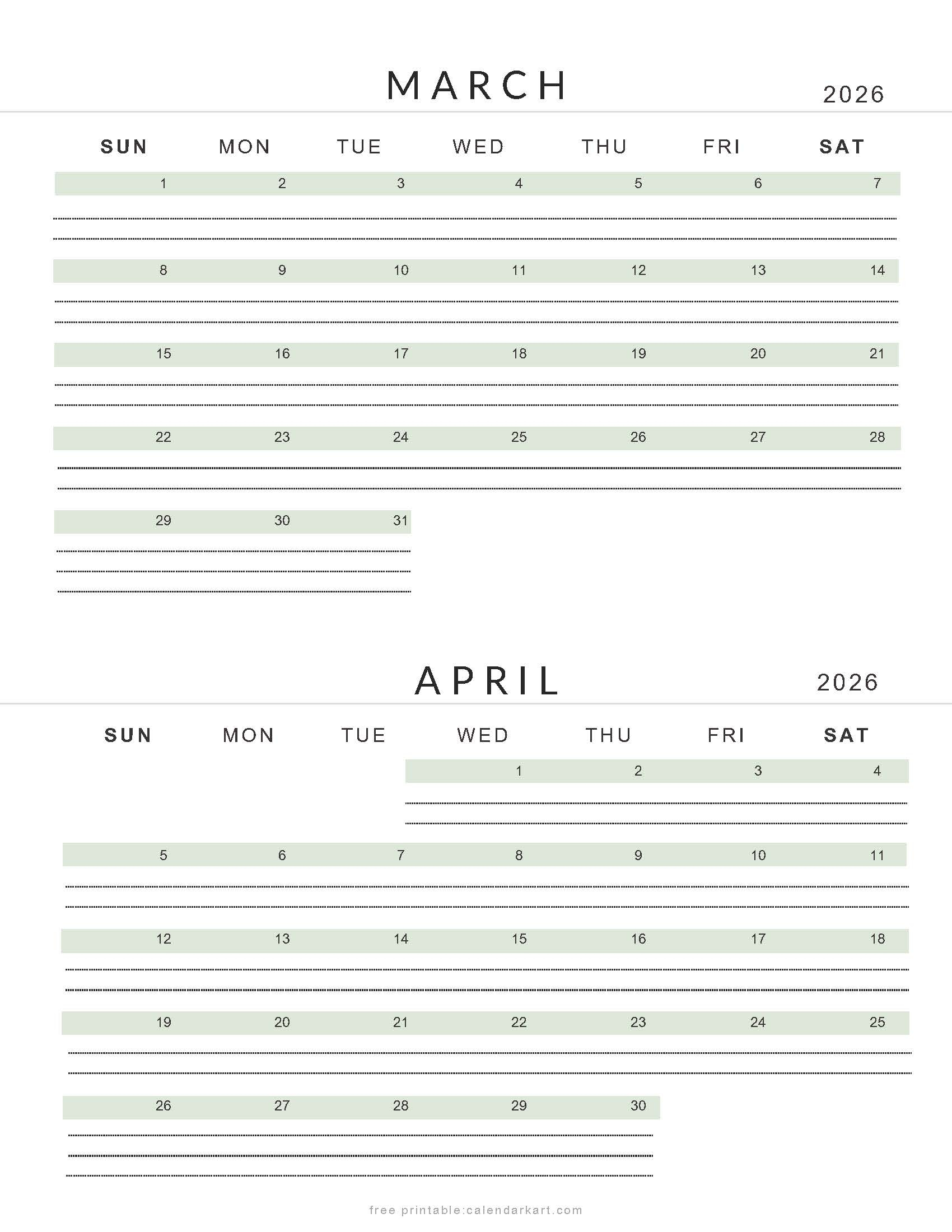 March April 2026 Calendars - Free Printable Pdfs - Calendarkart throughout Free Printable Calendar April 2026 To March 2026