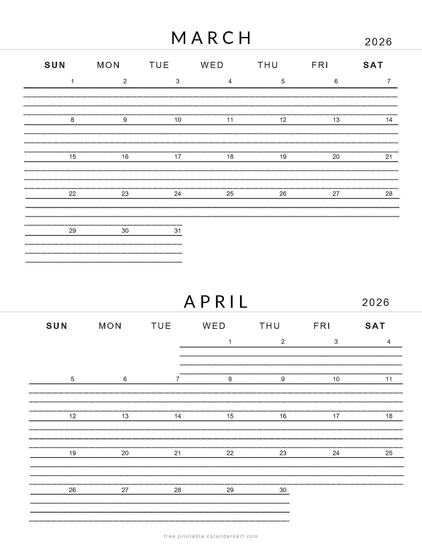 March April 2026 Calendars - Free Printable Pdfs - Calendarkart within Free Printable Calendar March April May 2026
