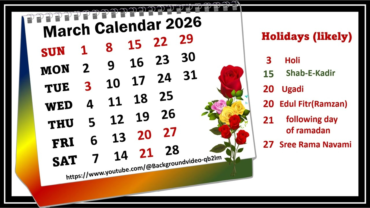 March Calendar 2026, #Marchcalender2026 - Youtube in March Calendar 2026 Tamil