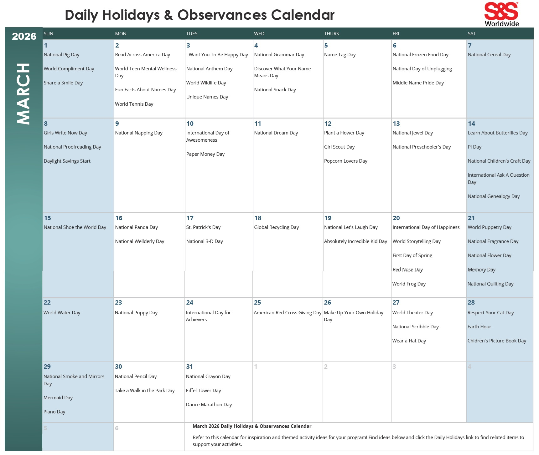 March Daily Holidays &amp;amp; Observances Printable Calendar - S&amp;amp;S Blog inside March 2026 Calendar With Holidays Usa