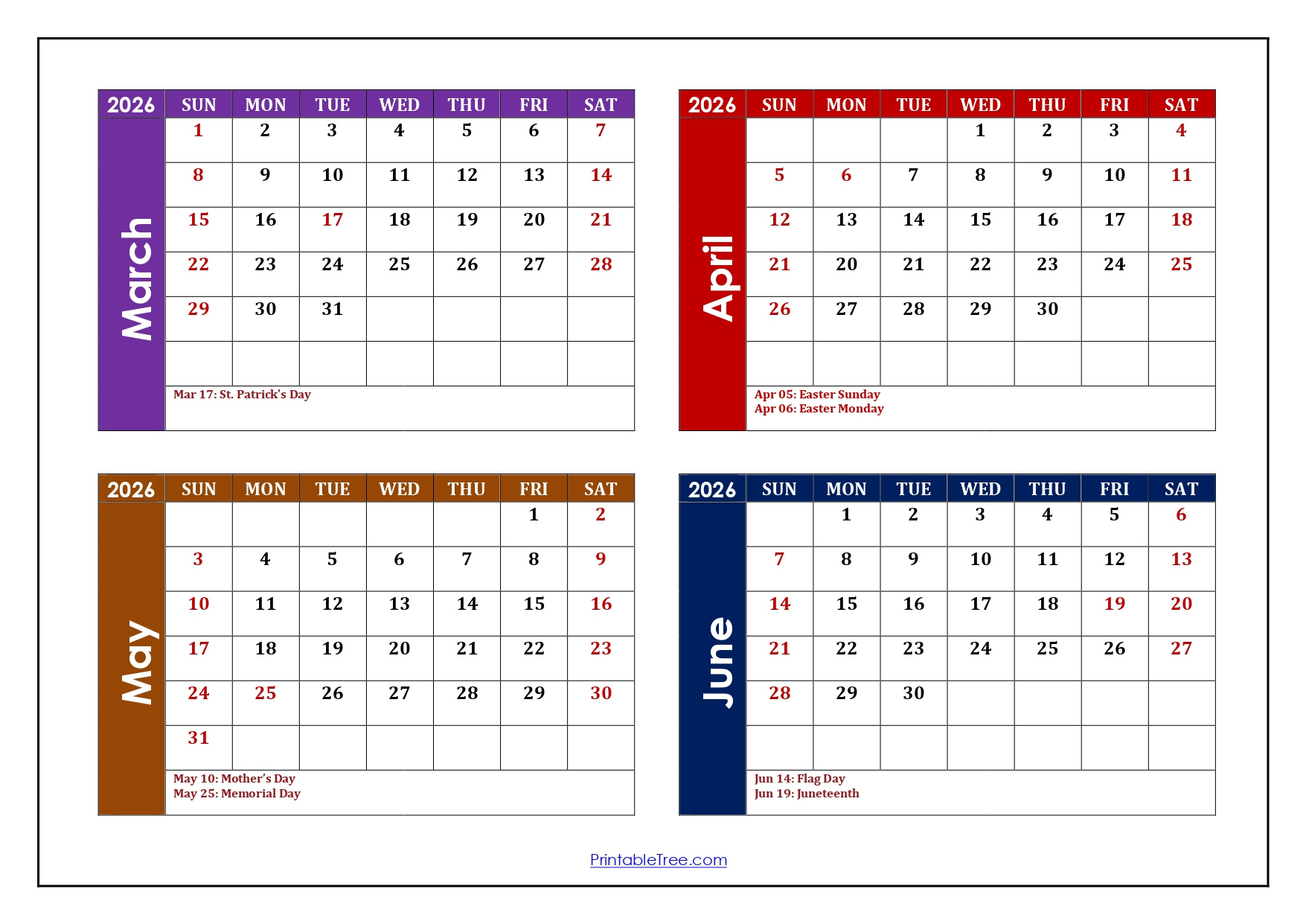 March To June 2026 Calendar Printable Pdf | Four Month Calendar for March Through June 2026 Calendar