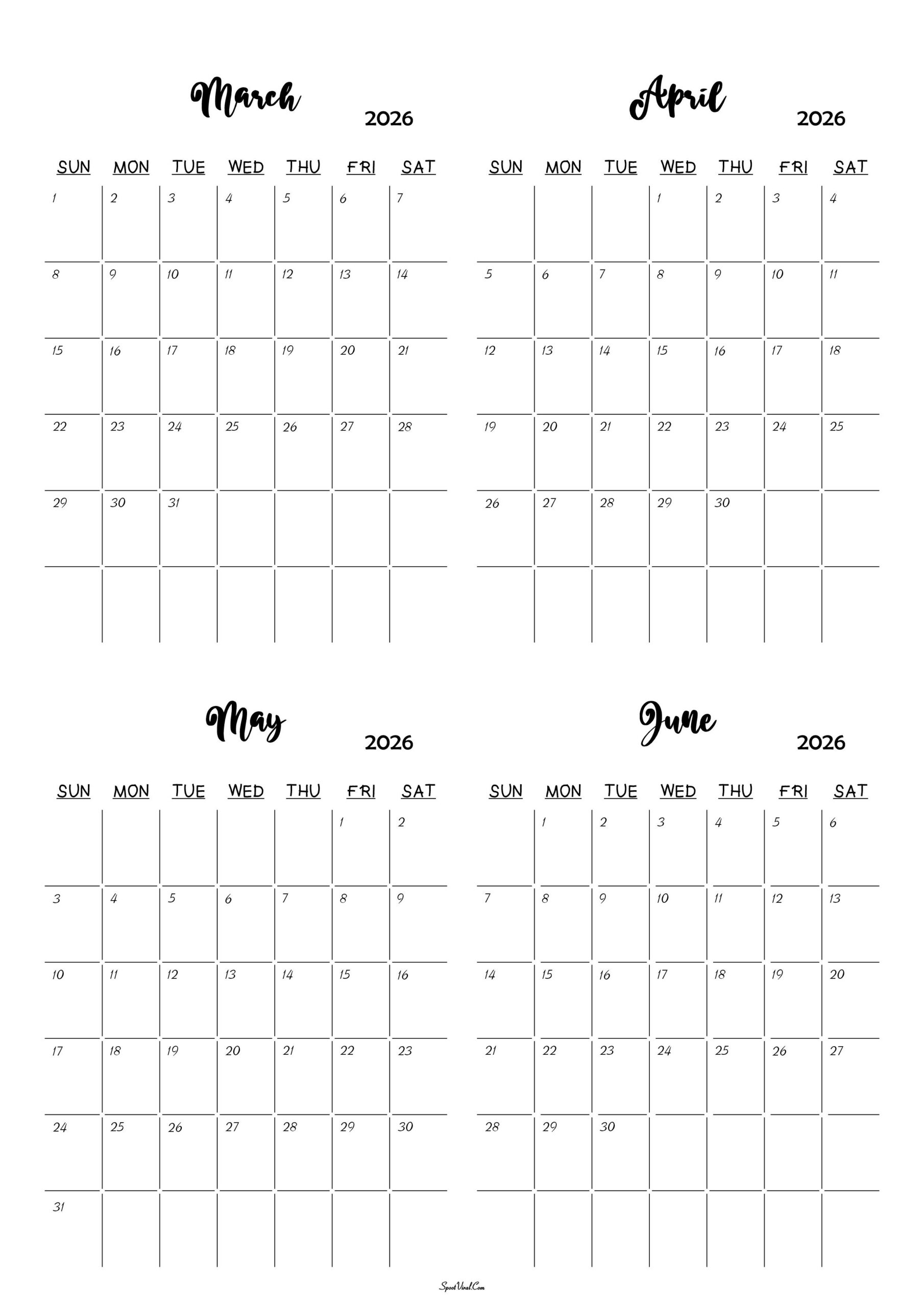 March To June 2026 Calendar Templates- Spootviral pertaining to March Through June 2026 Calendar