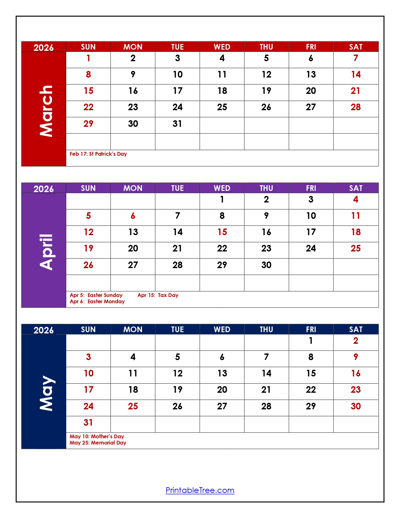 March To May 2026 Calendar | Three Month Calendar in Printable Calendar 2026 March April May
