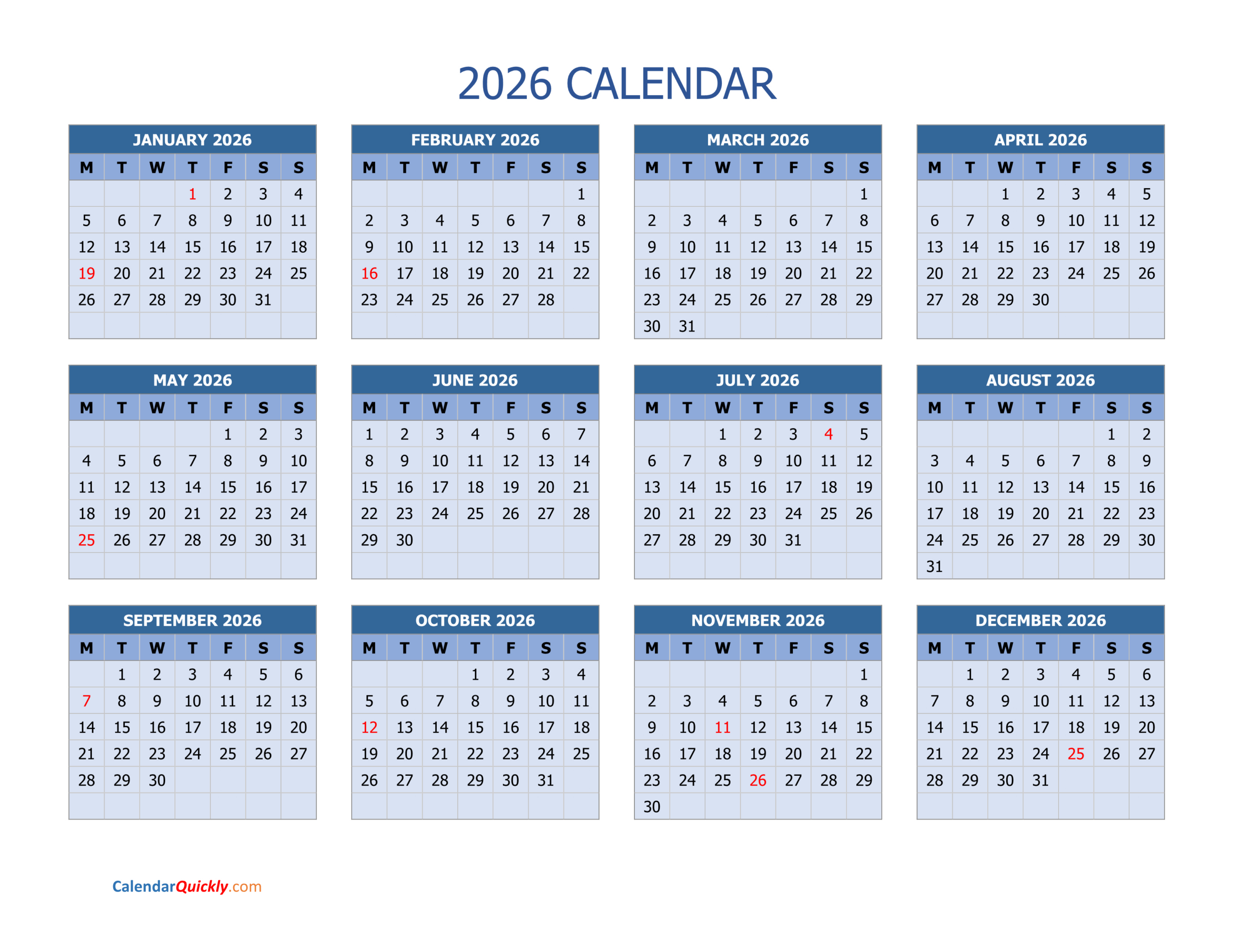 Monday 2026 Calendar Horizontal | Calendar Quickly for March Calendar 2026 Sri Lanka