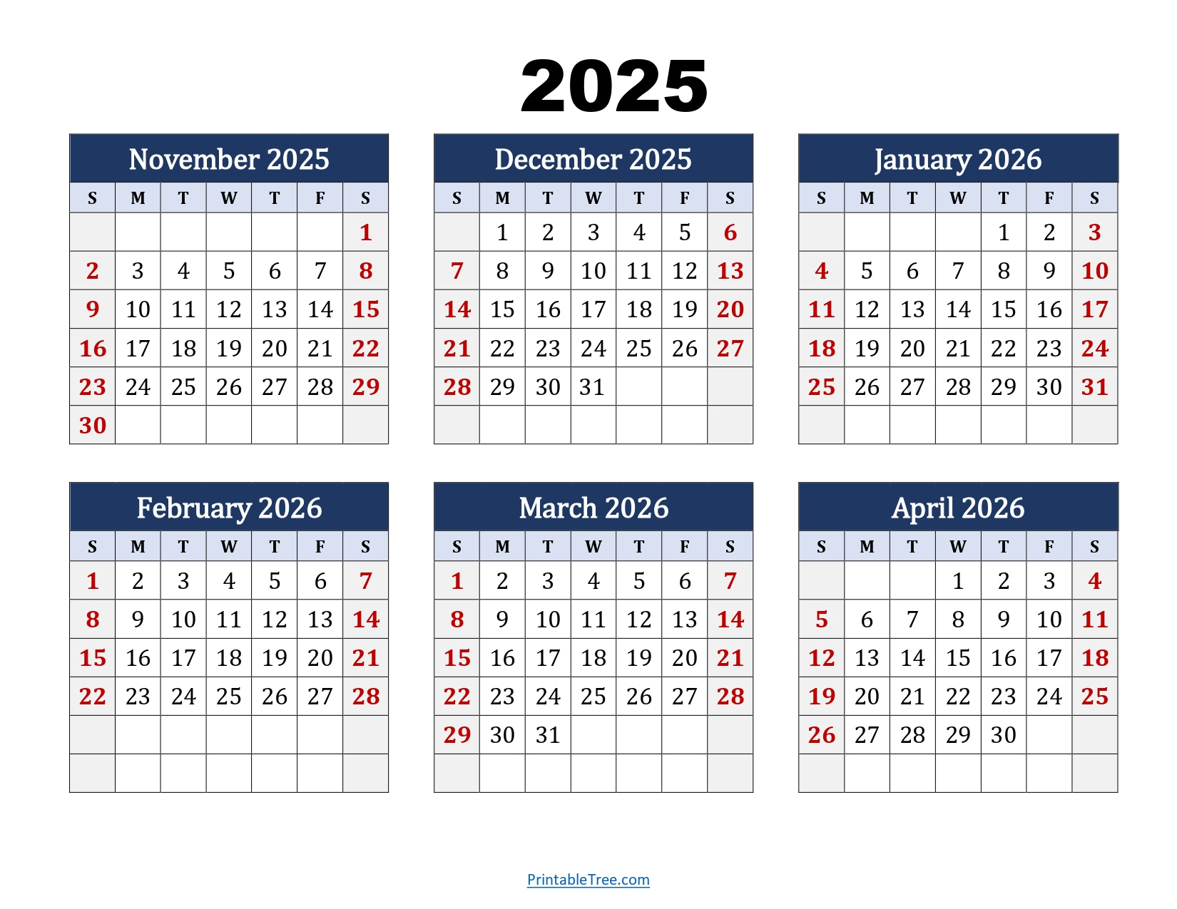 November To April 2026 Calendar Printable Pdf | Six Months Calendar for November 2025 to March 2026 Calendar