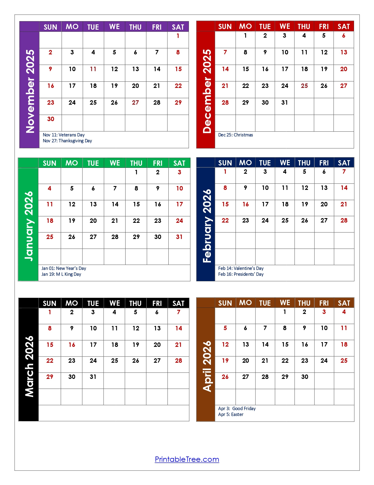 November To April 2026 Calendar Printable Pdf | Six Months Calendar pertaining to Calendar November 2025 To March 2026