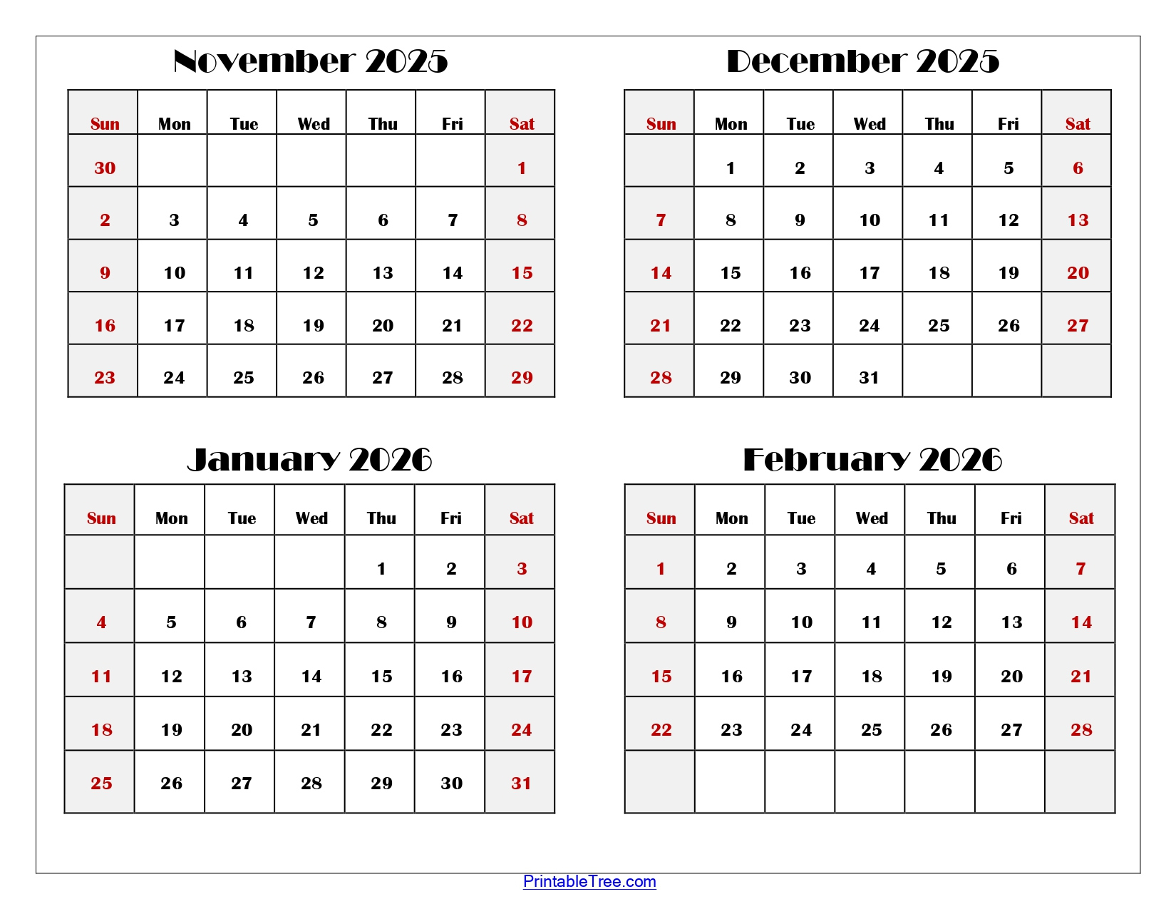 November To February 2026 Calendar Printable Pdf | Four Months pertaining to November 2025 To March 2026 Calendar