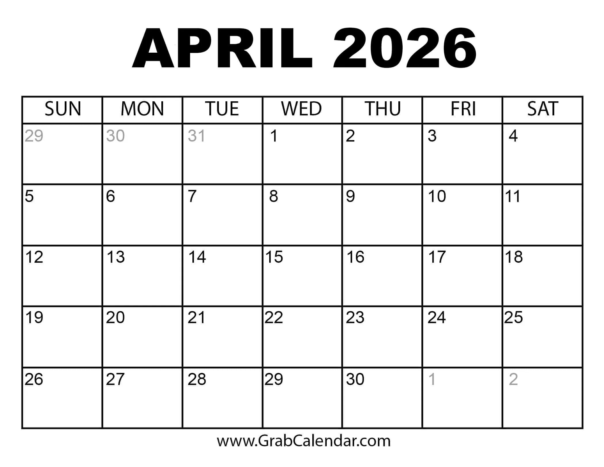 Printable April 2026 Calendar pertaining to Free Printable Calendar April 2025 To March 2026