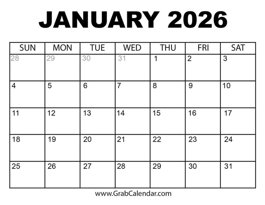 Printable January 2026 Calendar throughout Printable Calendar 2026 January To March