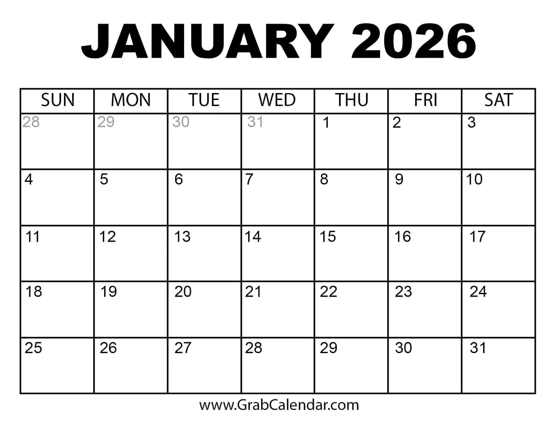 Printable January 2026 Calendar with regard to January to March 2026 Calendar Printable